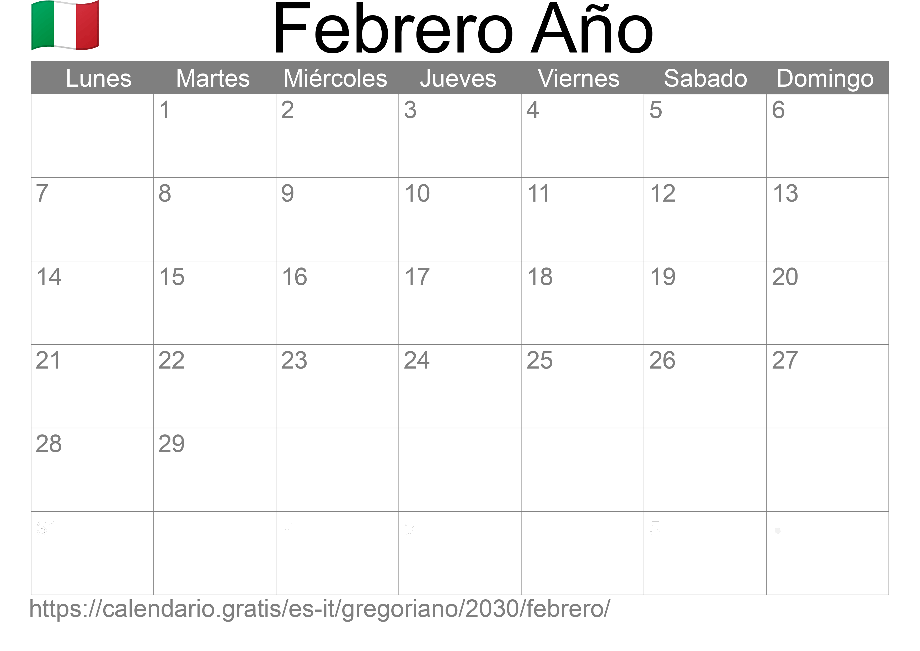 Calendario Febrero 2030 para imprimir