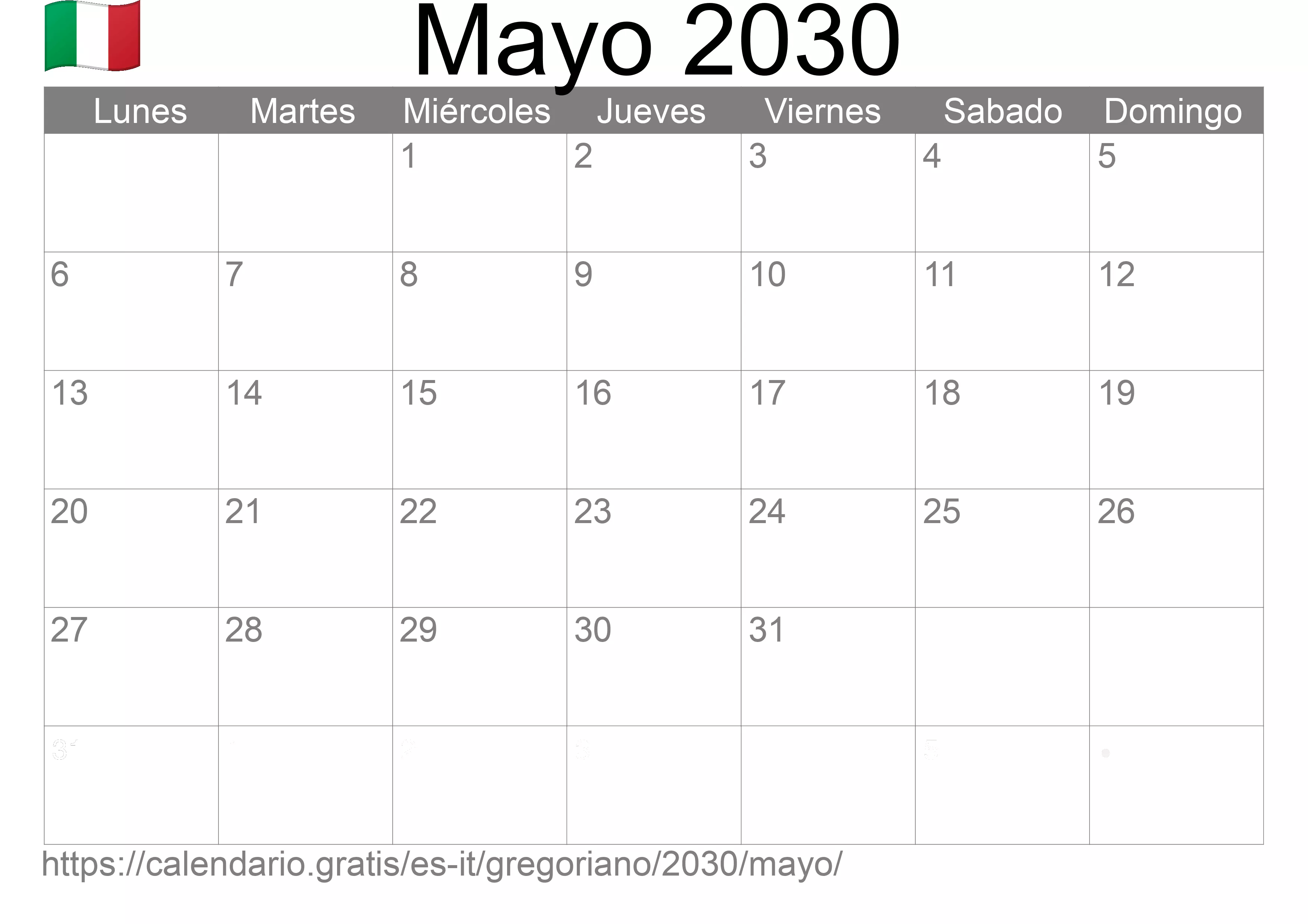 Calendario Mayo 2030 para imprimir (Italia)