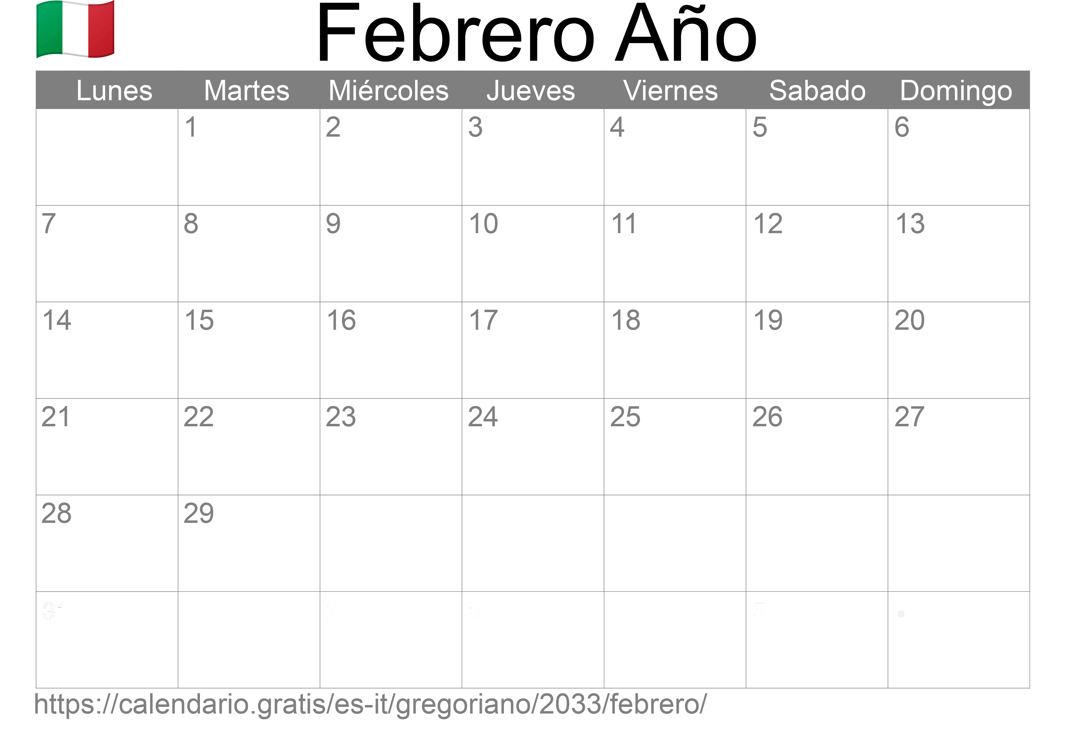 Calendario Febrero 2033 para imprimir