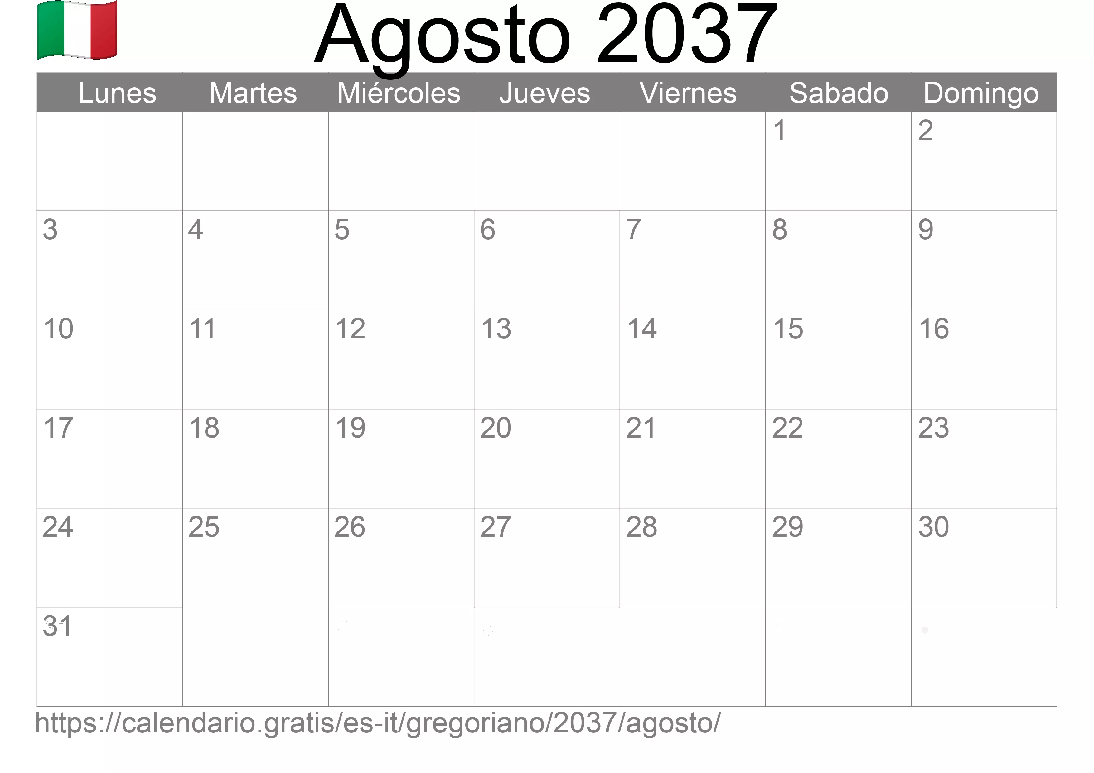 Calendario Agosto 2037 para imprimir (Italia)