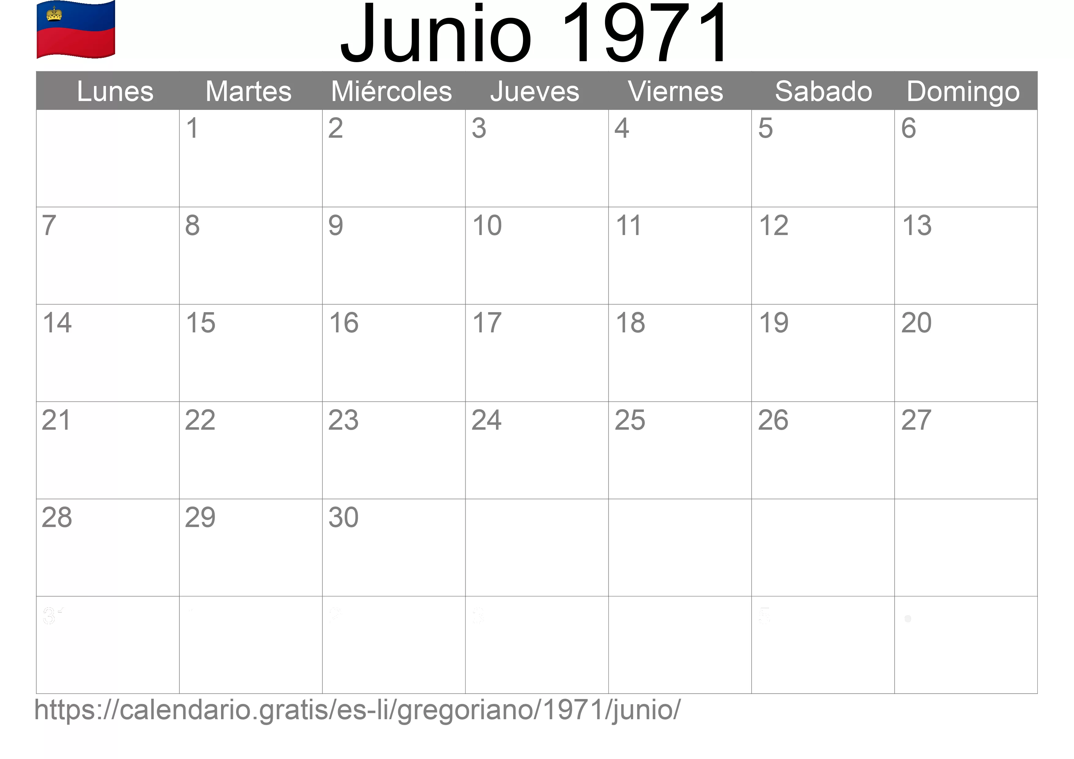 Calendario Junio 1971 para imprimir (Liechtenstein)