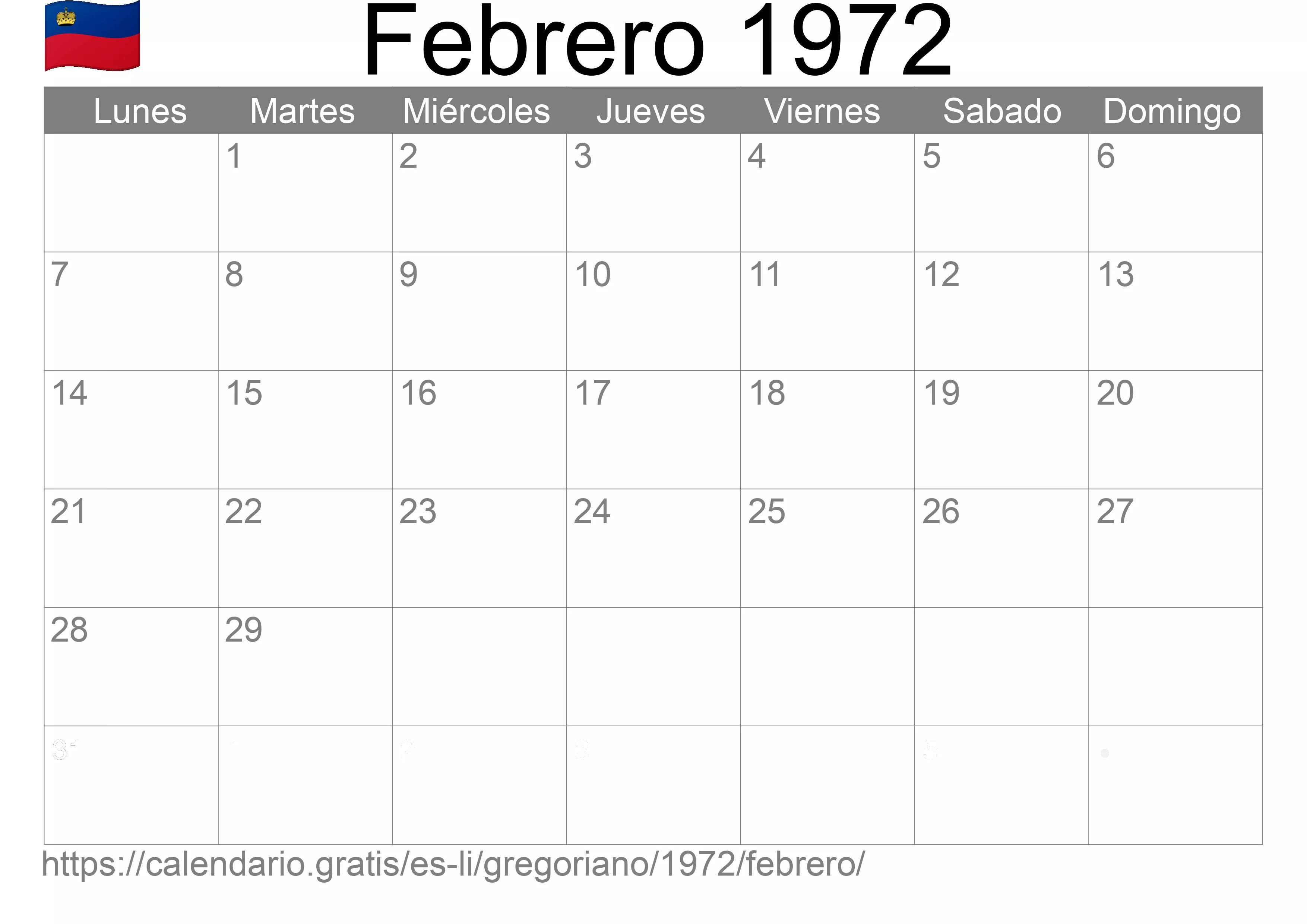 Calendario Febrero 1972 para imprimir (Liechtenstein)