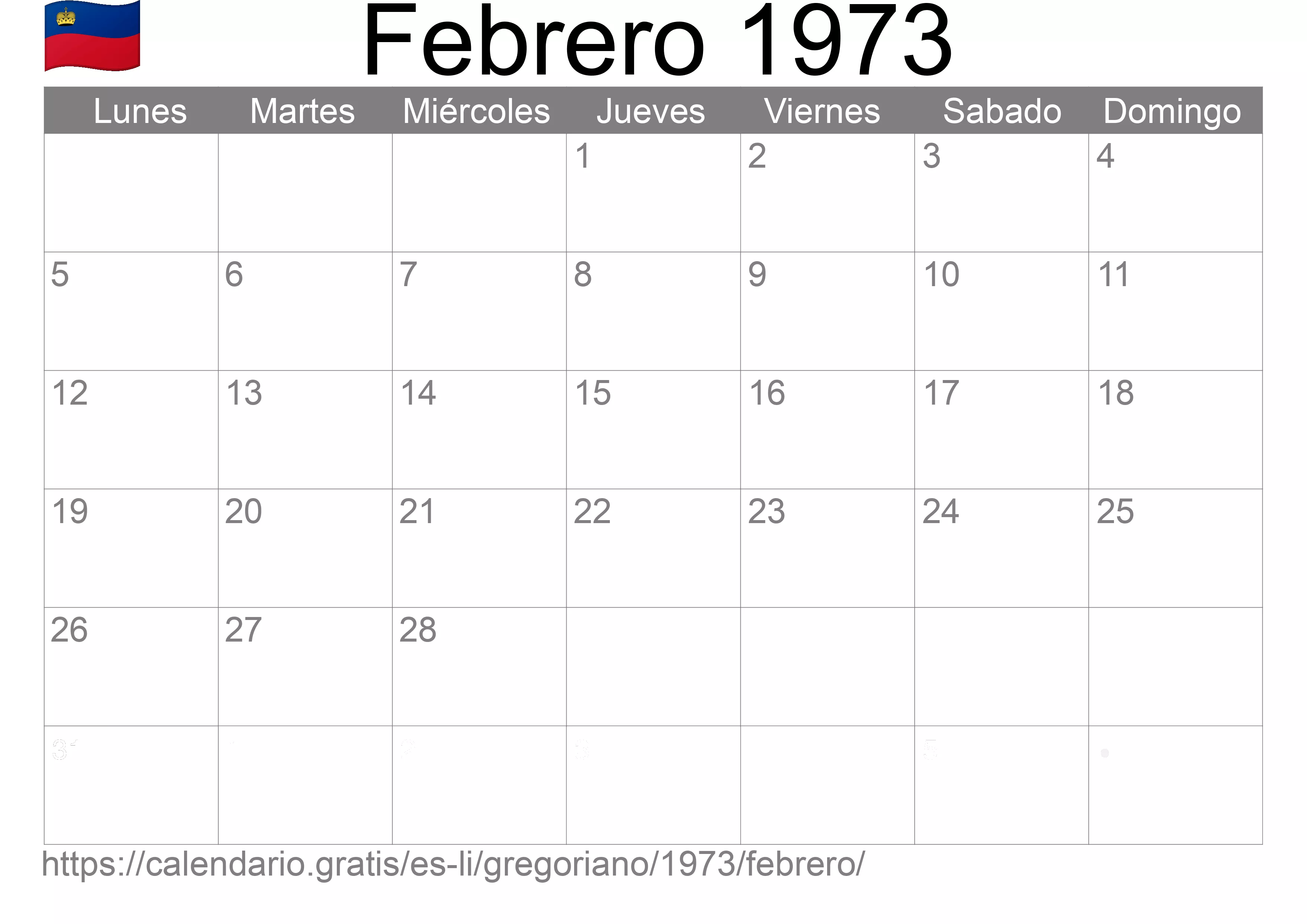Calendario Febrero 1973 para imprimir (Liechtenstein)