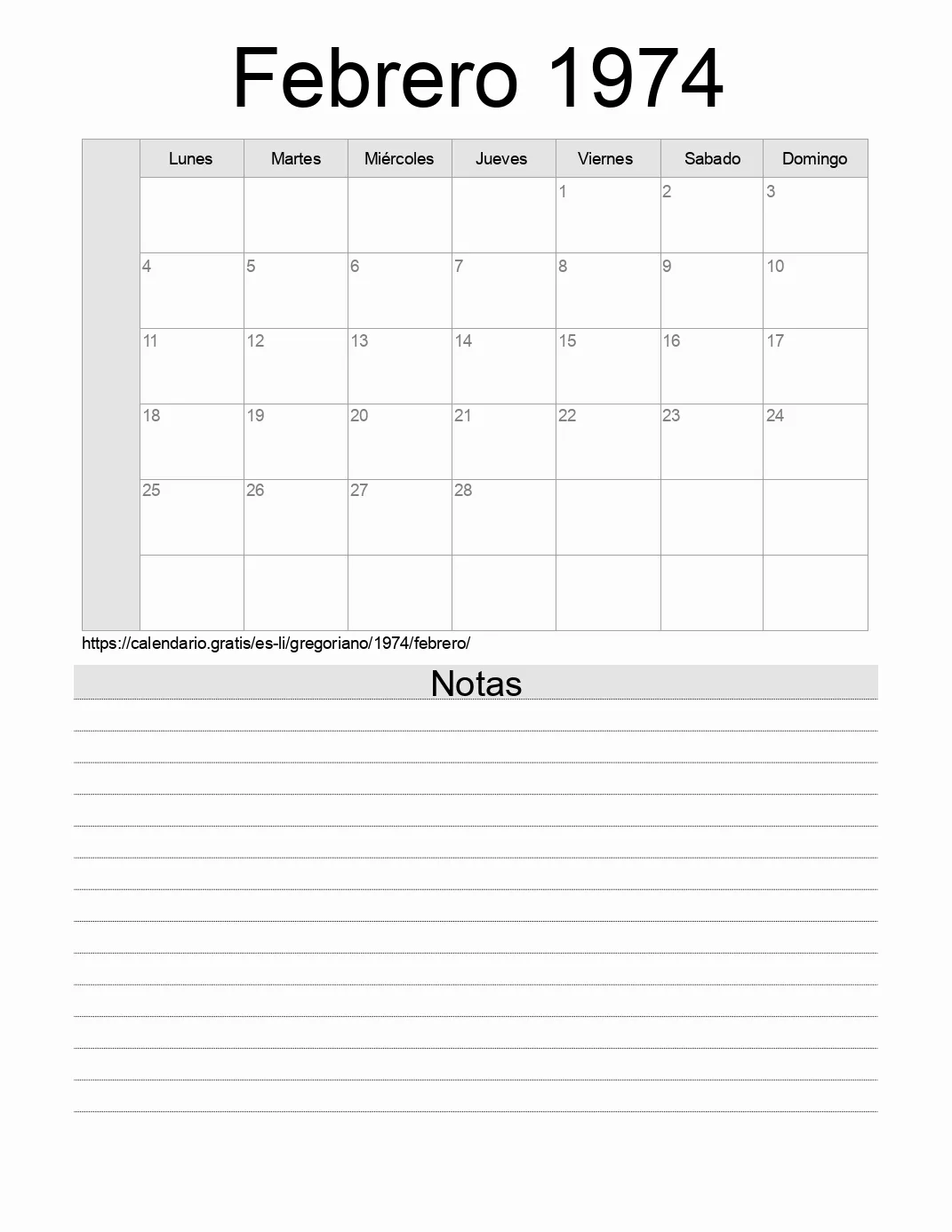 Calendario Febrero 1974 para imprimir con notas. (Liechtenstein)