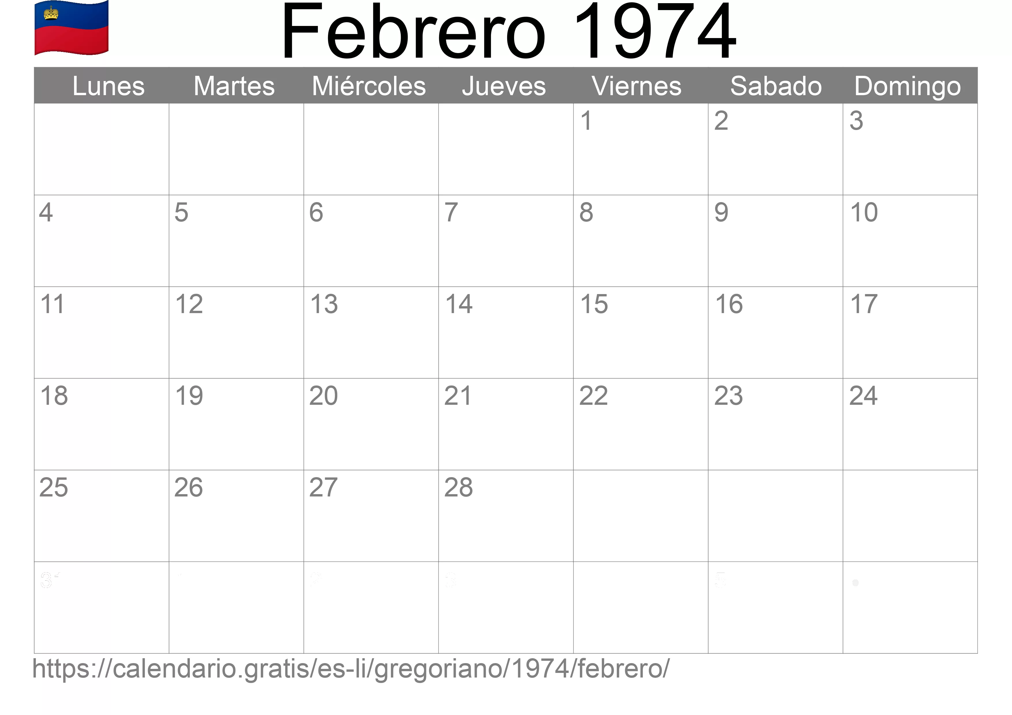 Calendario Febrero 1974 para imprimir (Liechtenstein)