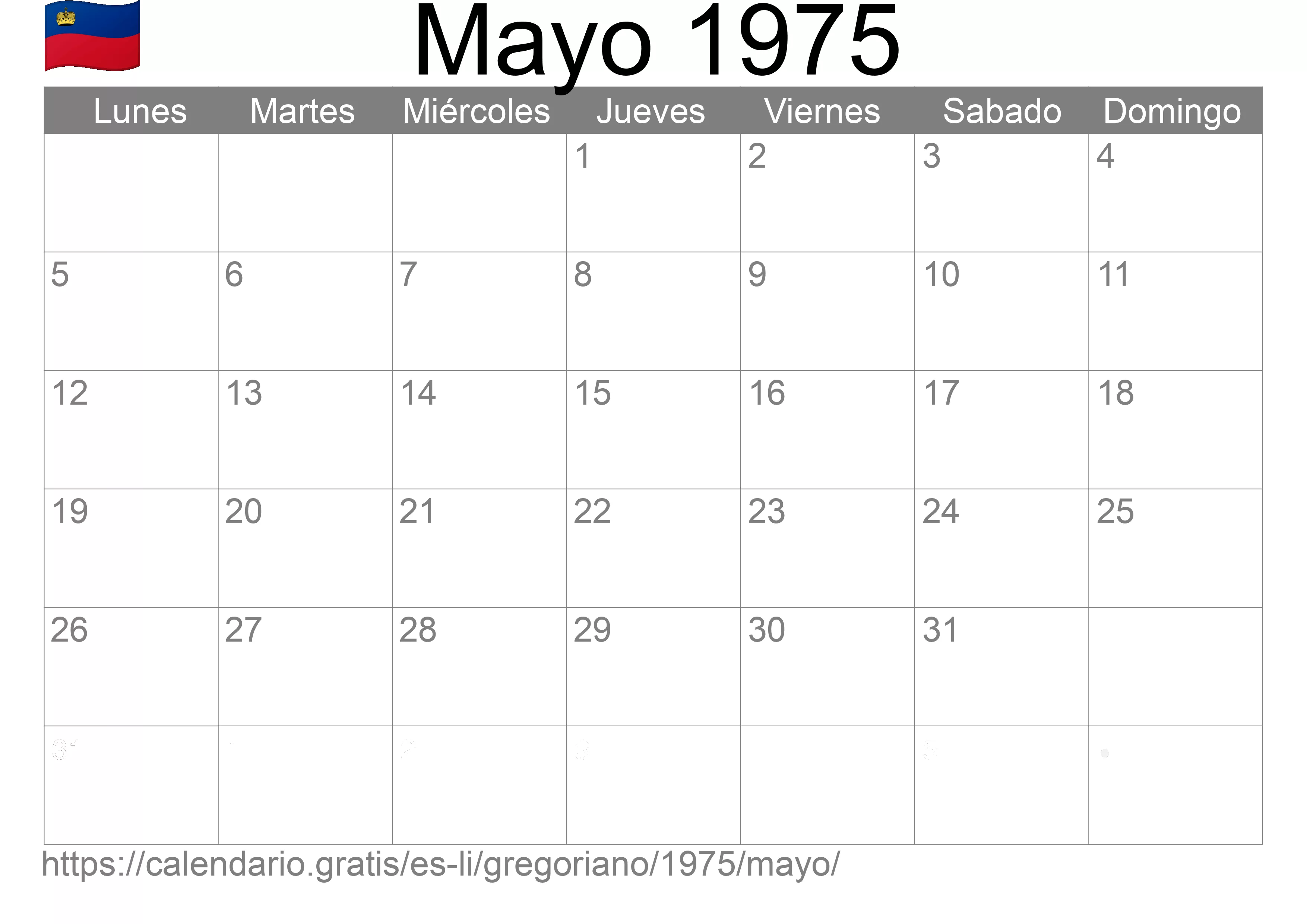 Calendario Mayo 1975 para imprimir (Liechtenstein) Calendario Mayo 1975 para imprimir (Liechtenstein)