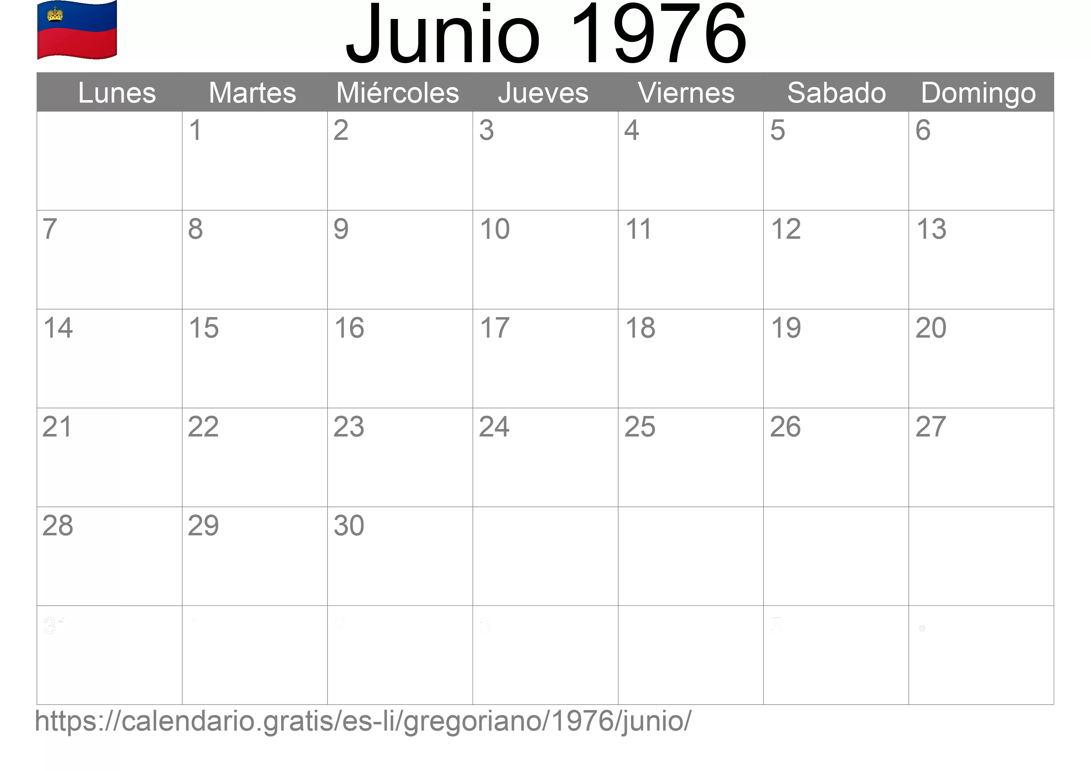 Calendario Junio 1976 para imprimir (Liechtenstein)