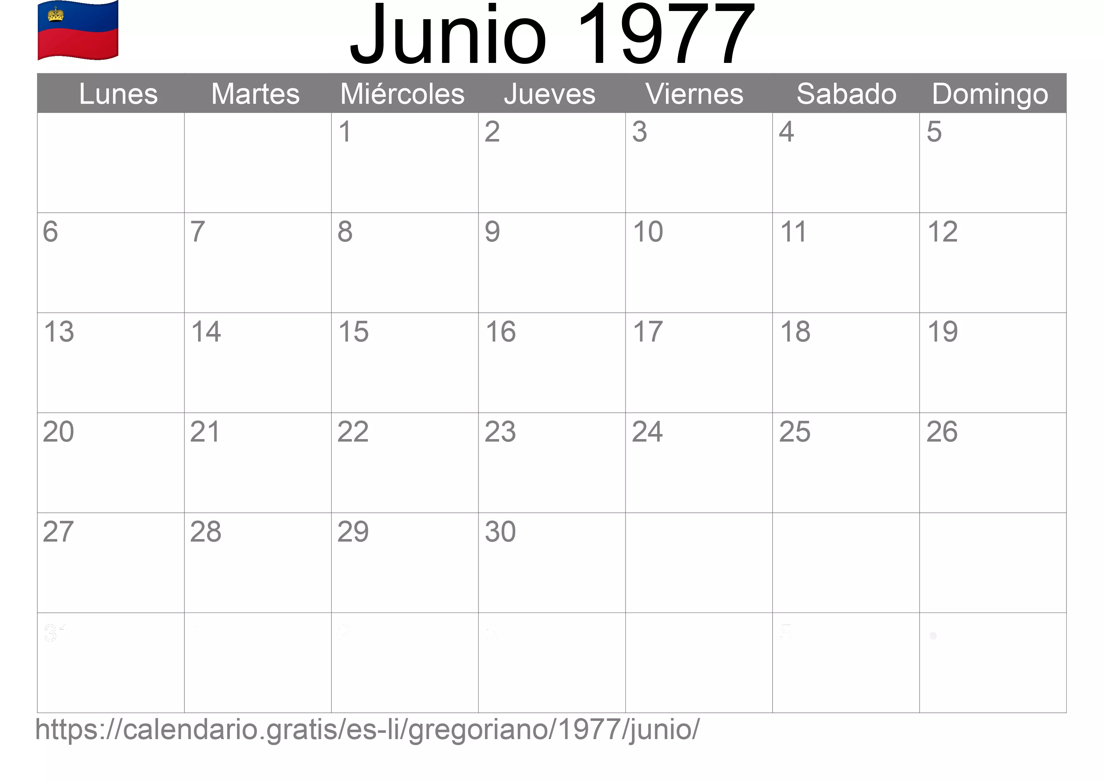 Calendario Junio 1977 para imprimir (Liechtenstein)
