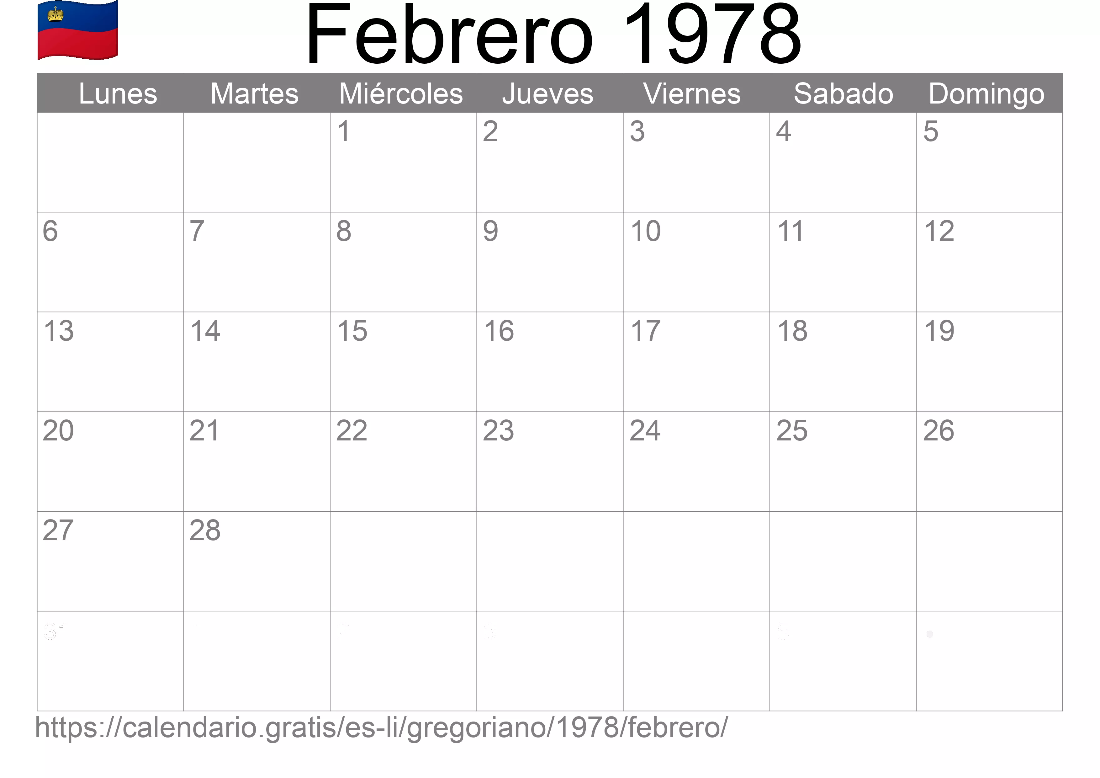 Calendario Febrero 1978 para imprimir (Liechtenstein)
