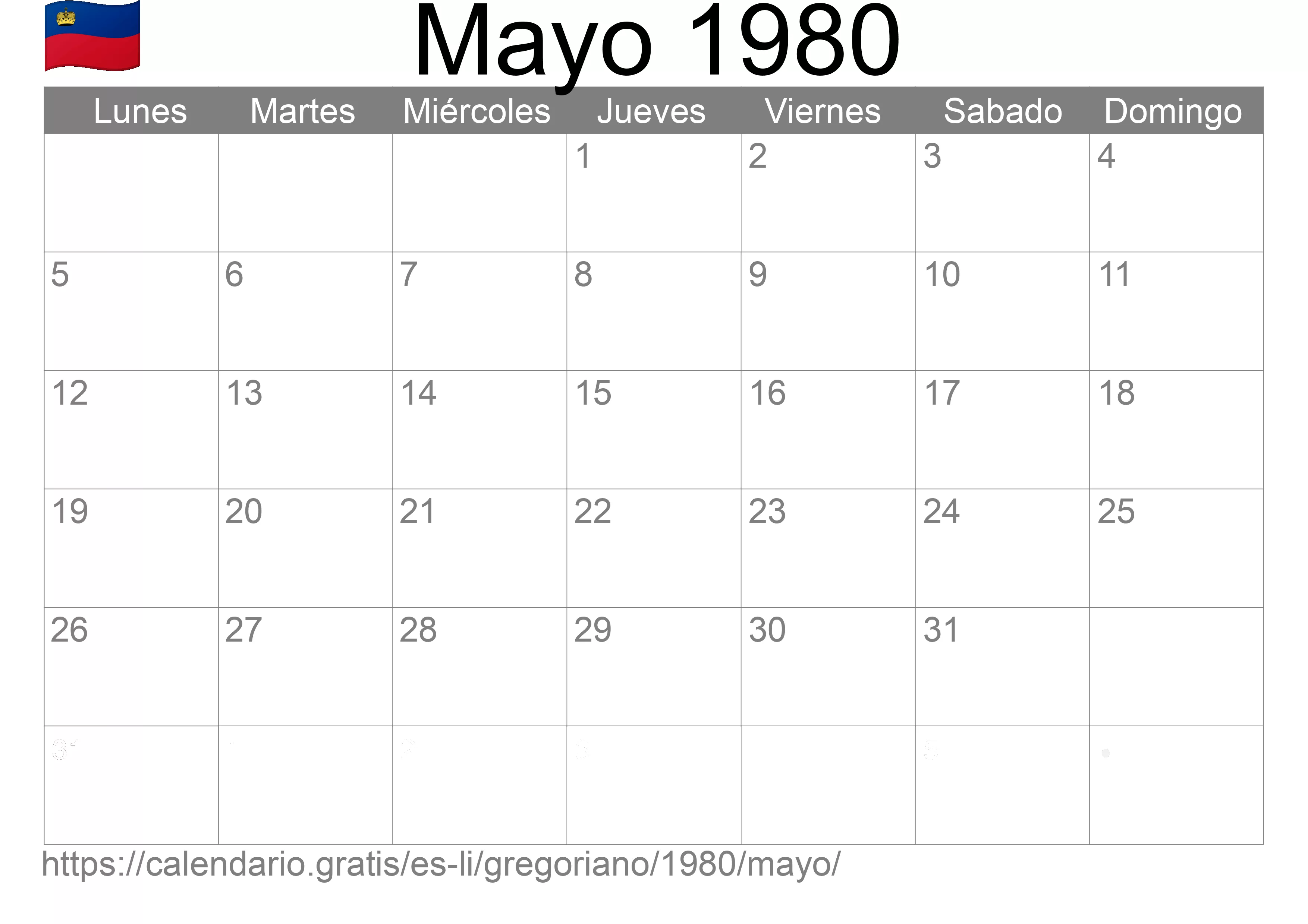 Calendario Mayo 1980 para imprimir (Liechtenstein) Calendario Mayo 1980 para imprimir (Liechtenstein)