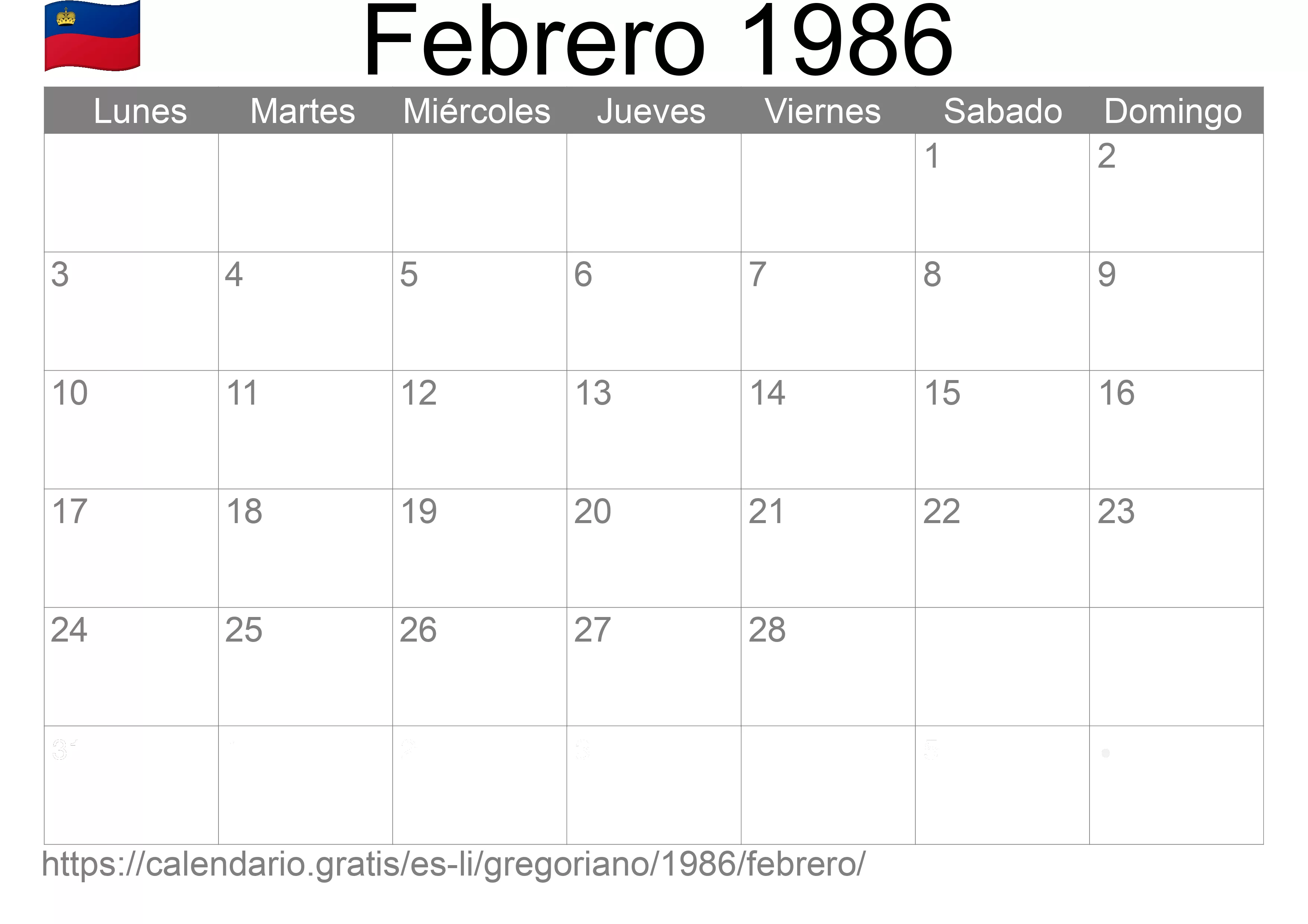 Calendario Febrero 1986 para imprimir (Liechtenstein)