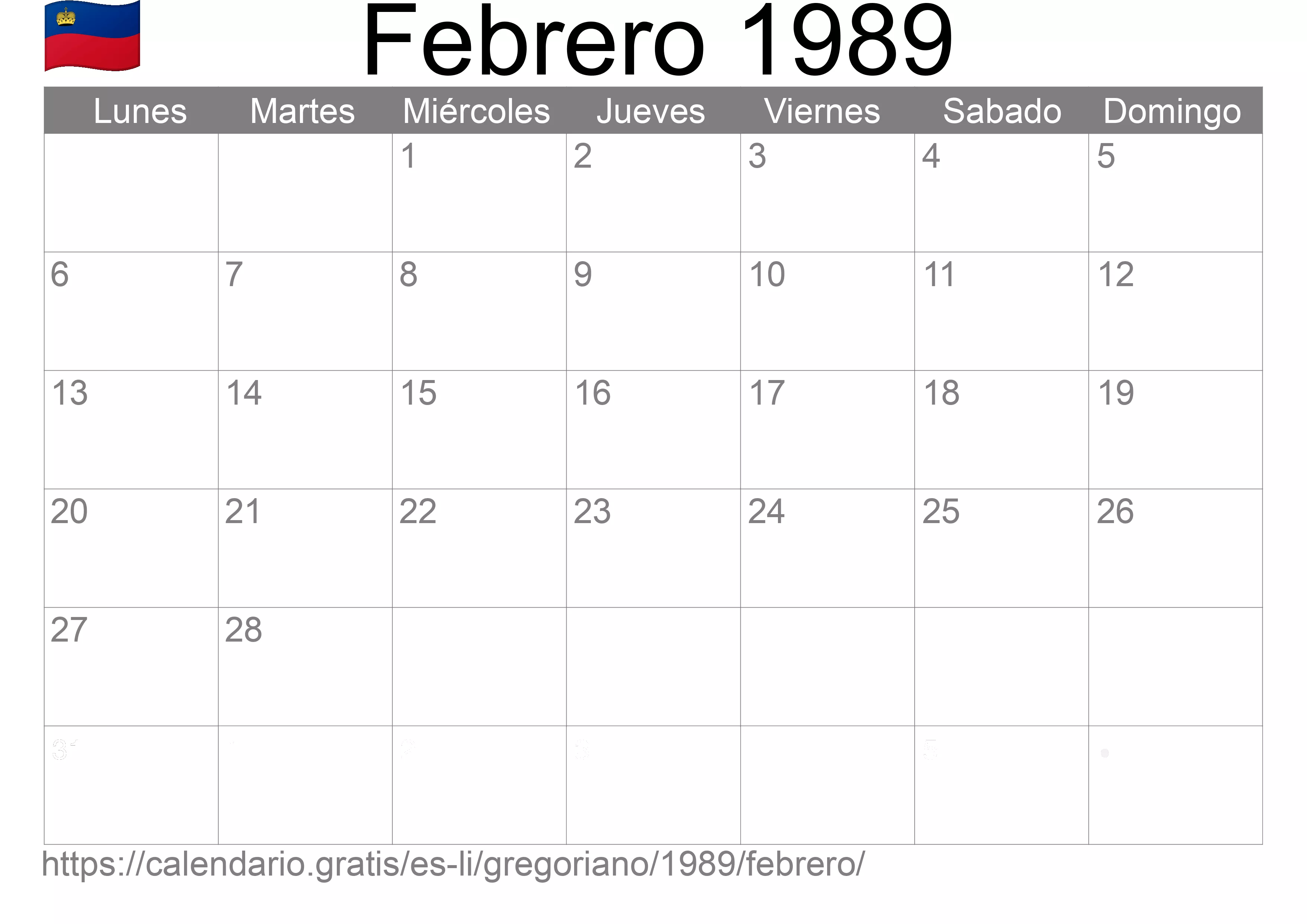 Calendario Febrero 1989 para imprimir (Liechtenstein)