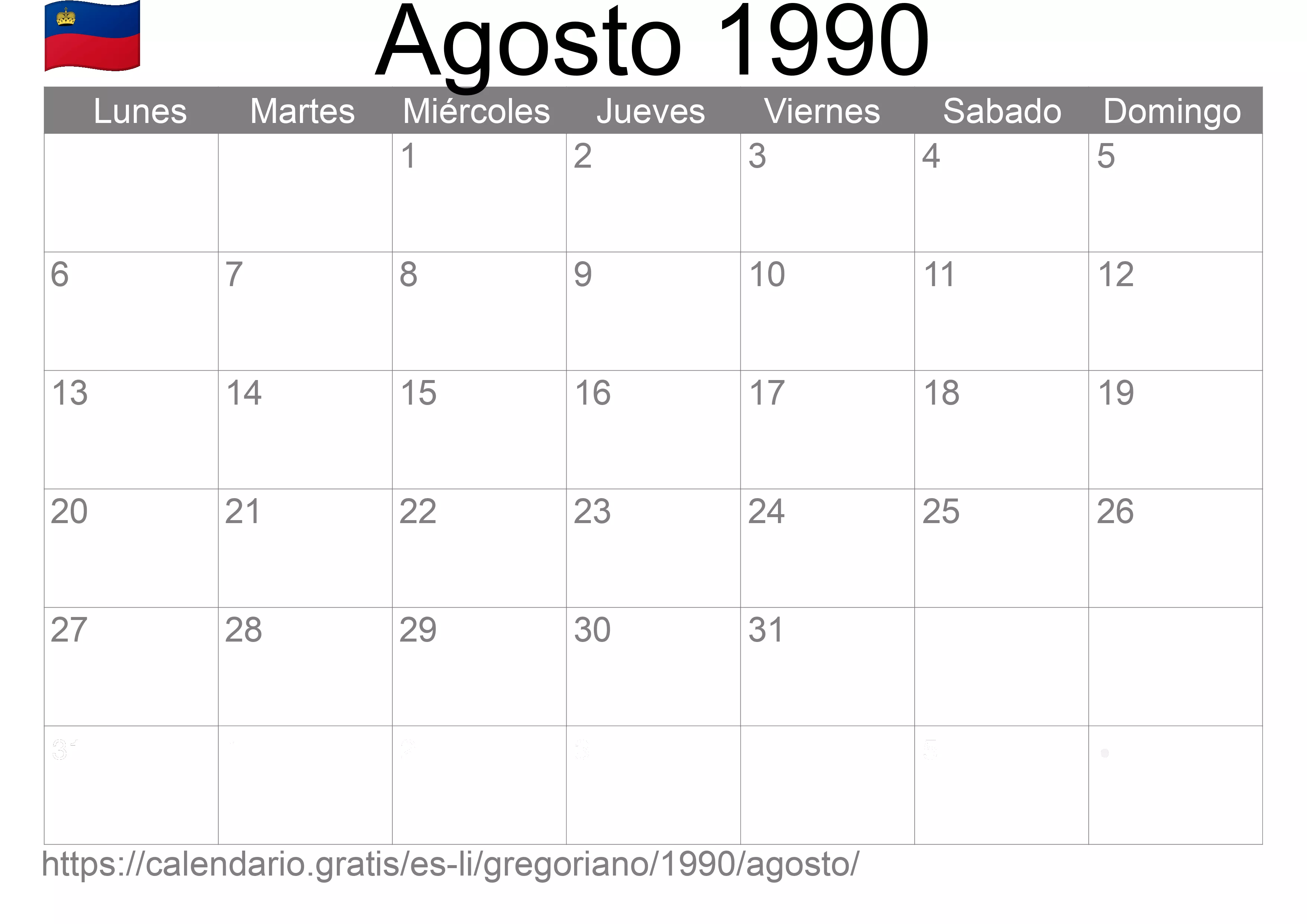 Calendario Agosto 1990 para imprimir (Liechtenstein)