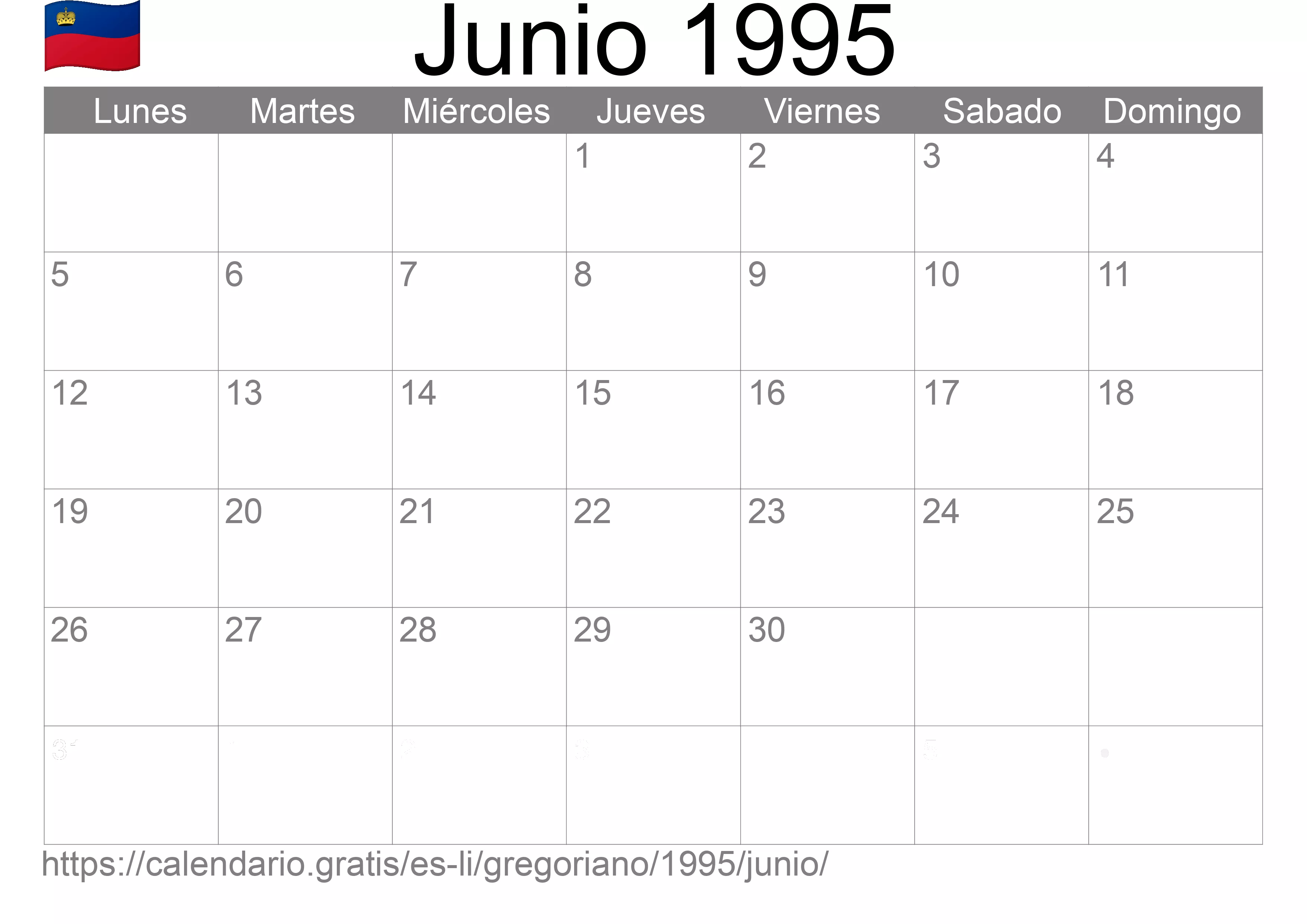 Calendario Junio 1995 para imprimir (Liechtenstein)