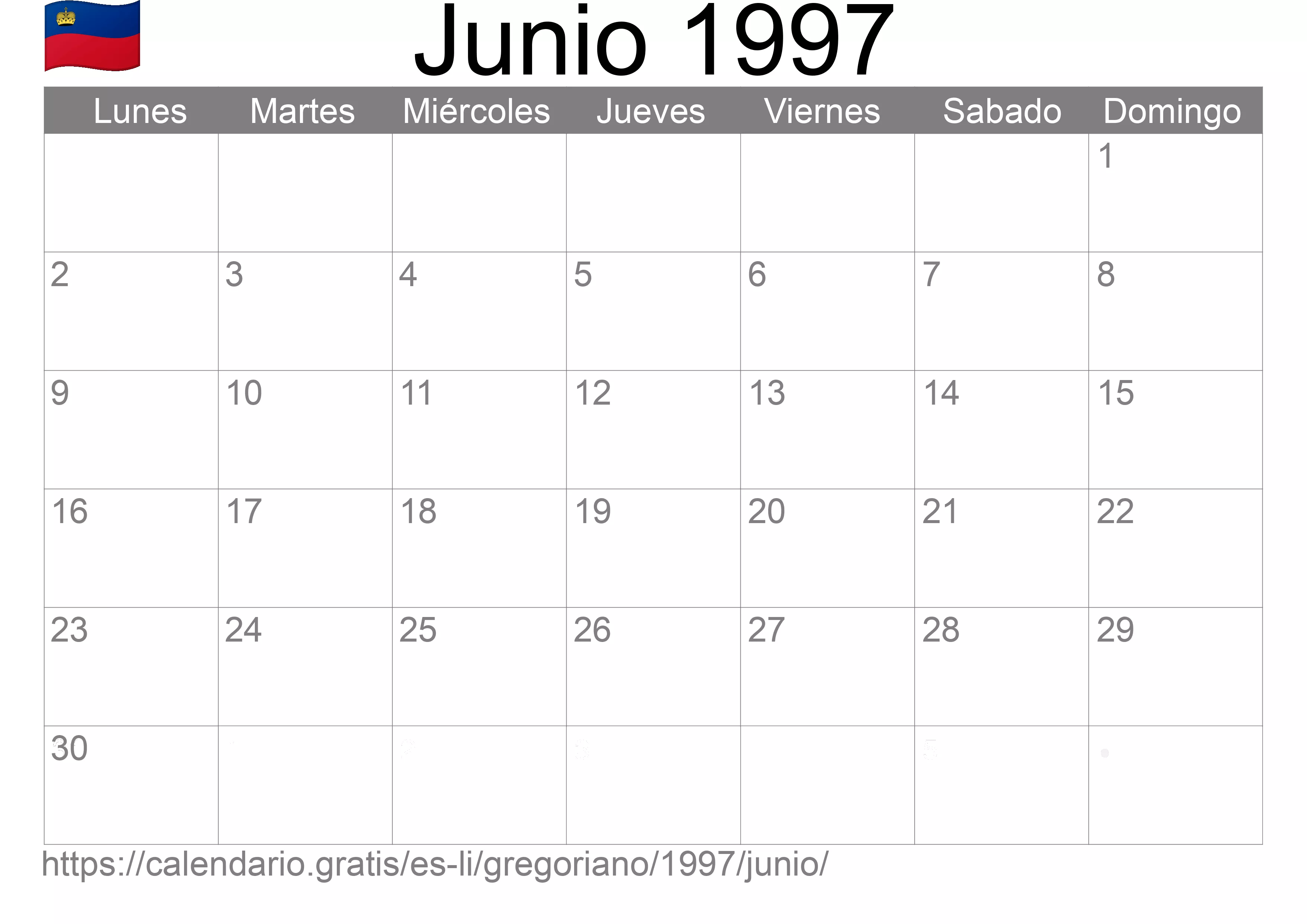 Calendario Junio 1997 para imprimir (Liechtenstein)