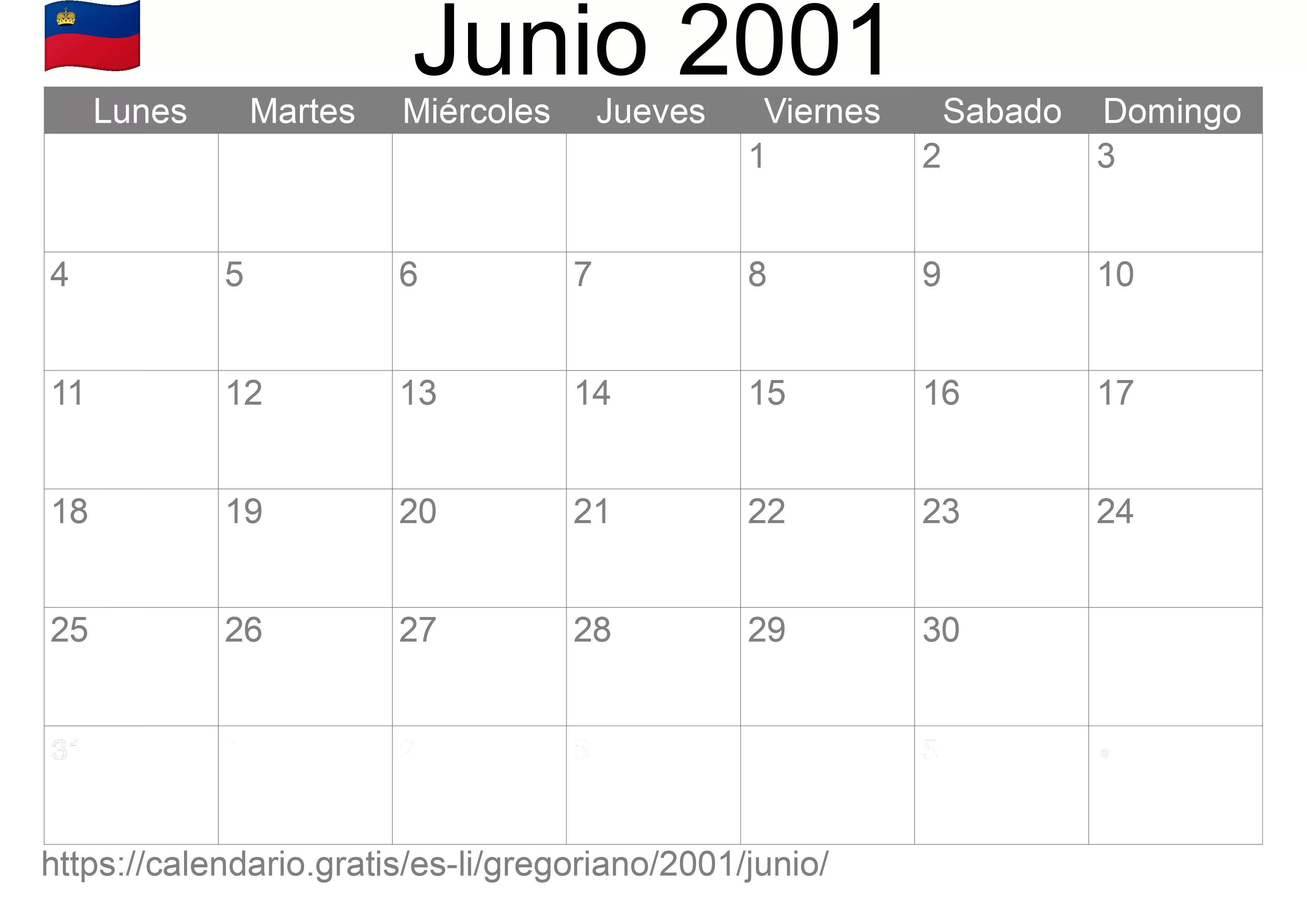 Calendario Junio 2001 para imprimir (Liechtenstein)