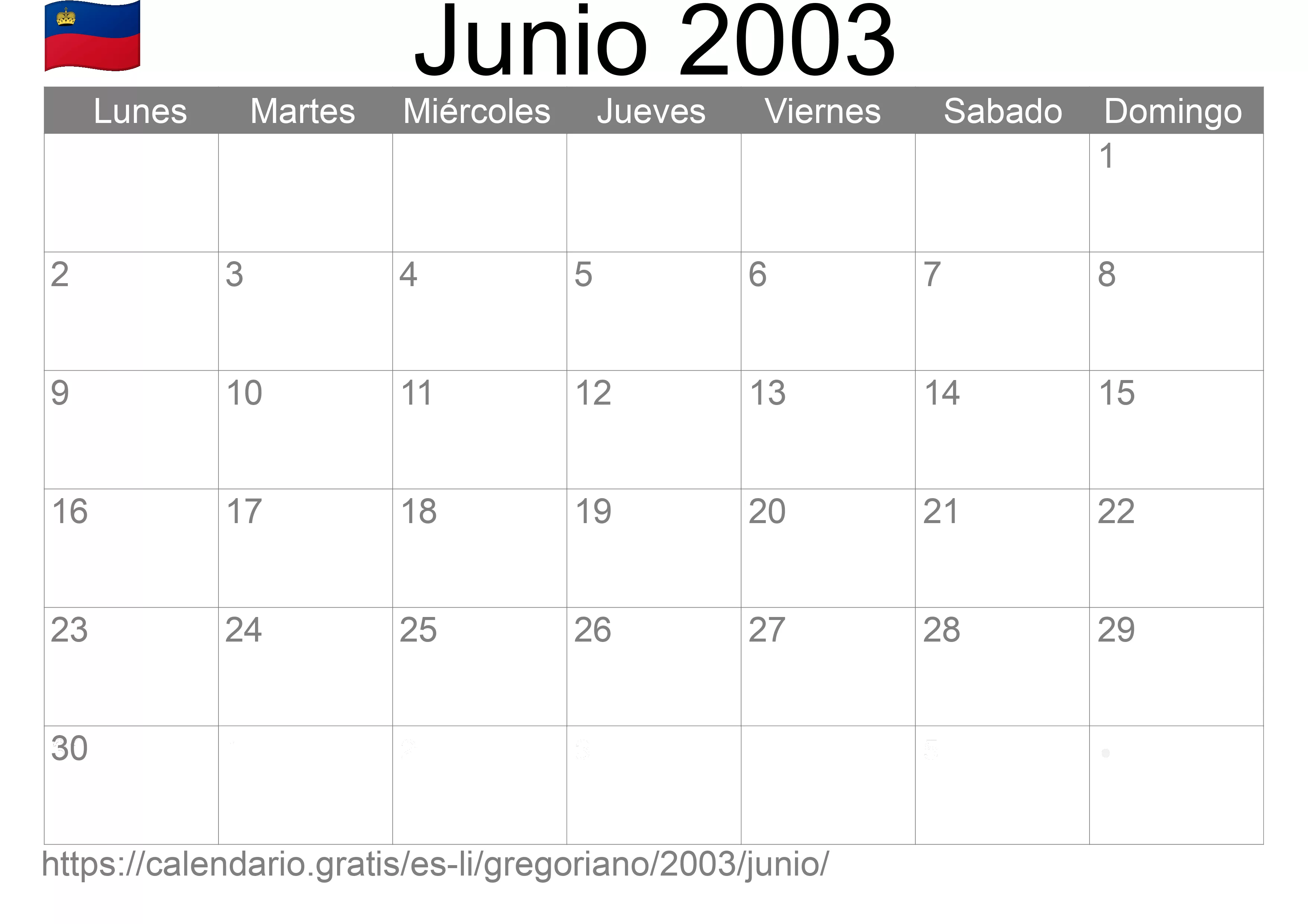 Calendario Junio 2003 para imprimir (Liechtenstein)