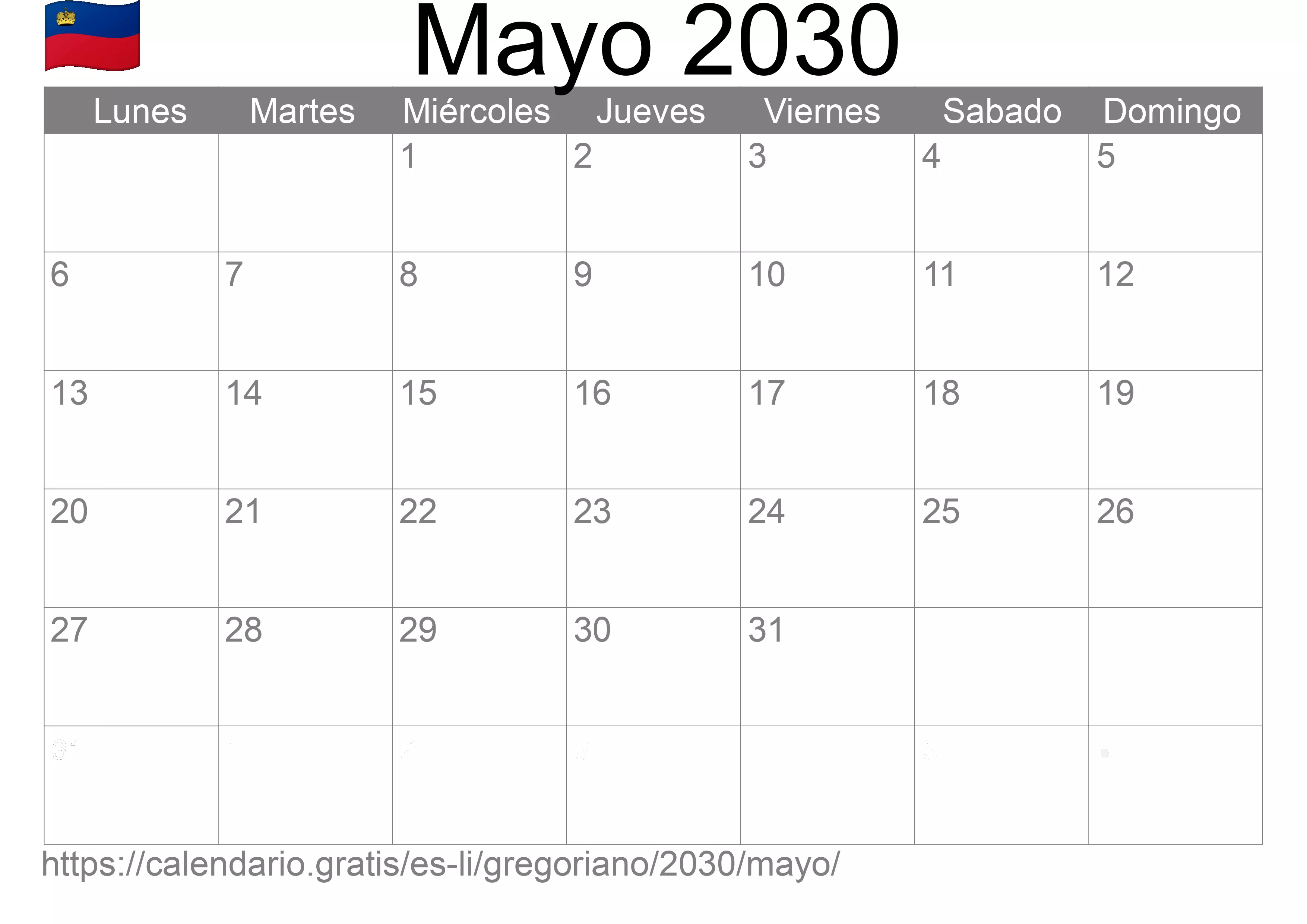 Calendario Mayo 2030 para imprimir (Liechtenstein)