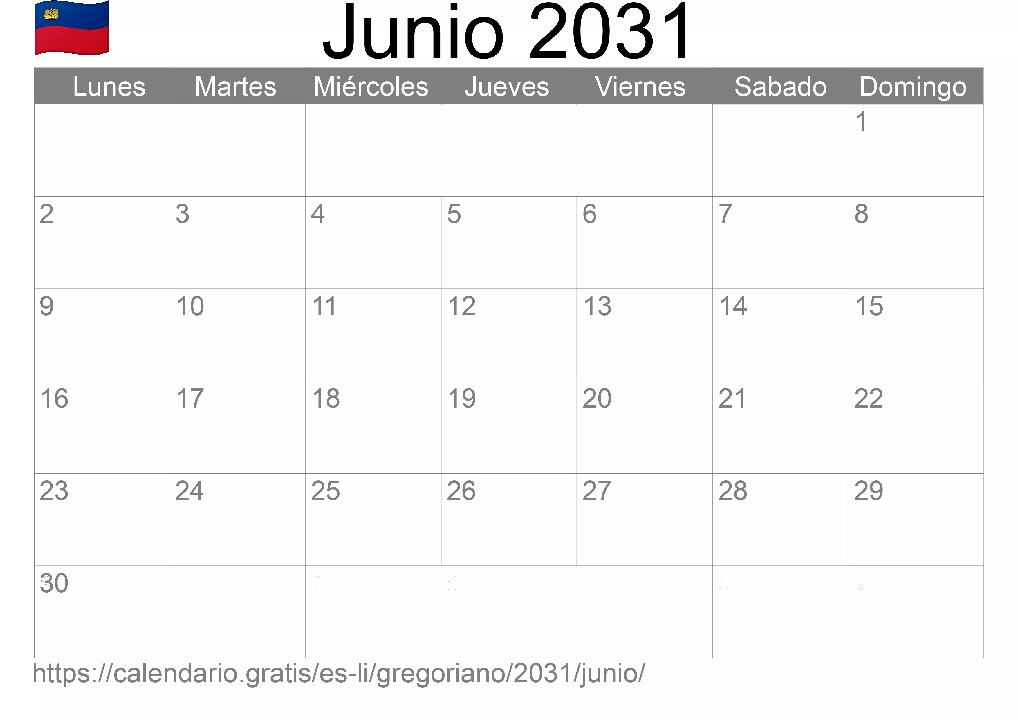 Calendario Junio 2031 para imprimir (Liechtenstein)