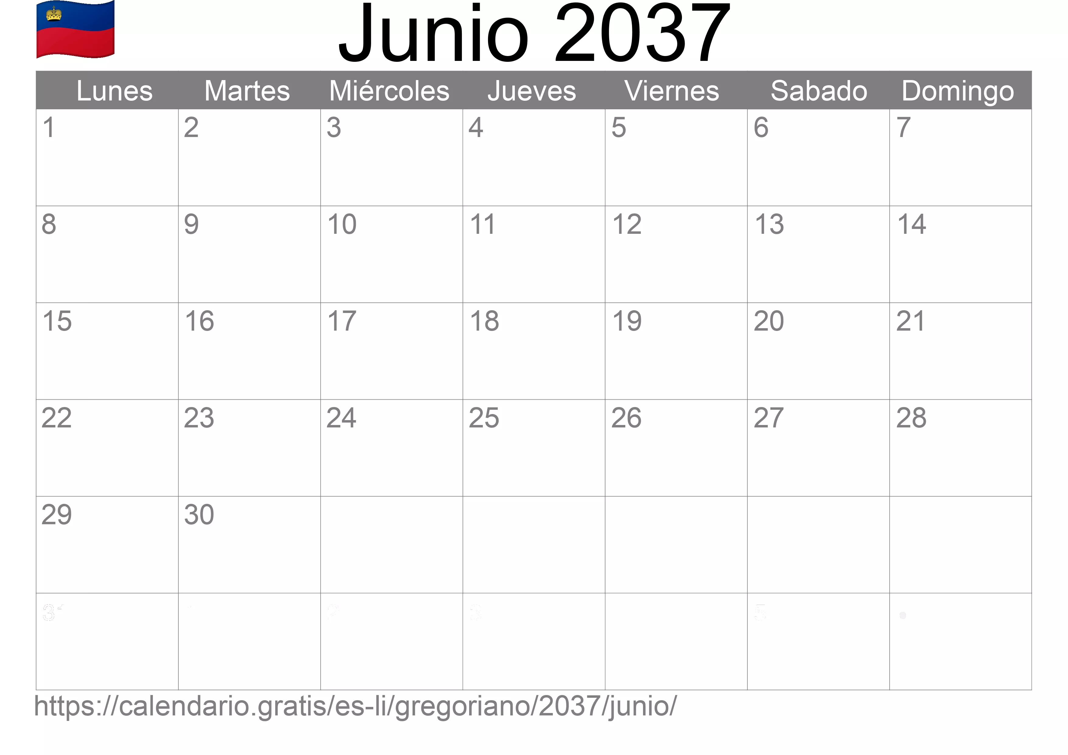 Calendario Junio 2037 para imprimir (Liechtenstein)
