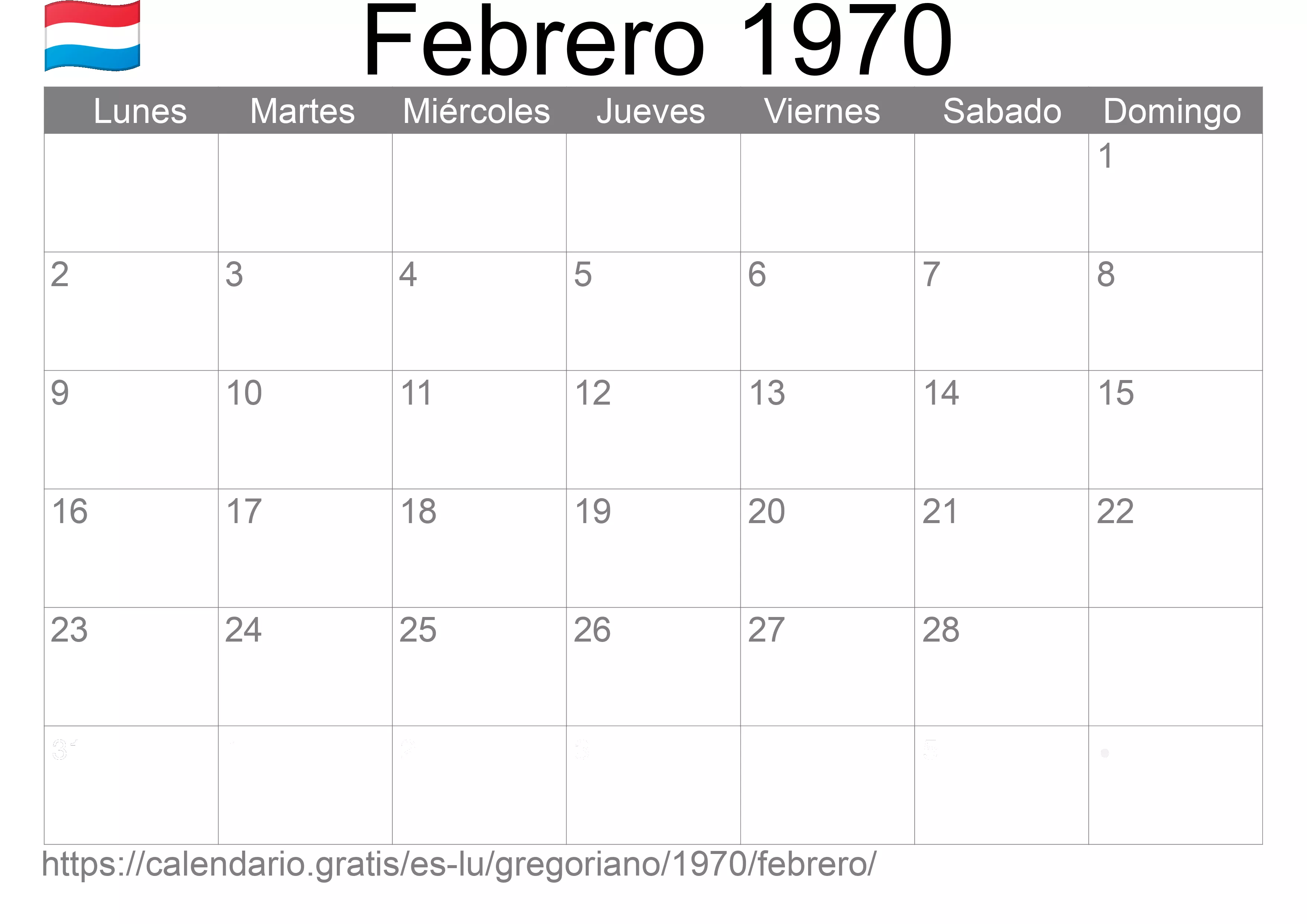 Calendario Febrero 1970 para imprimir (Luxemburgo)