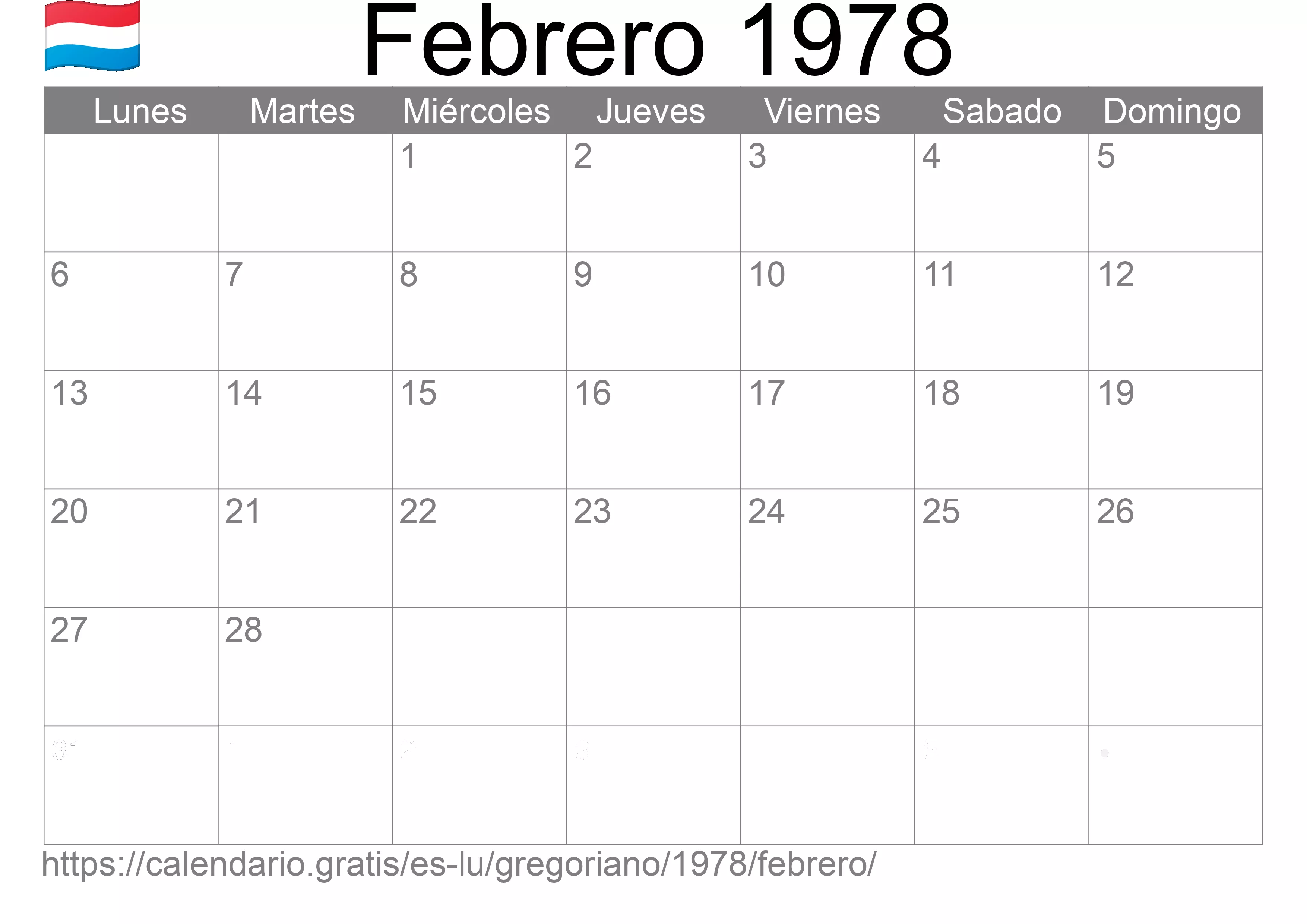 Calendario Febrero 1978 para imprimir (Luxemburgo)