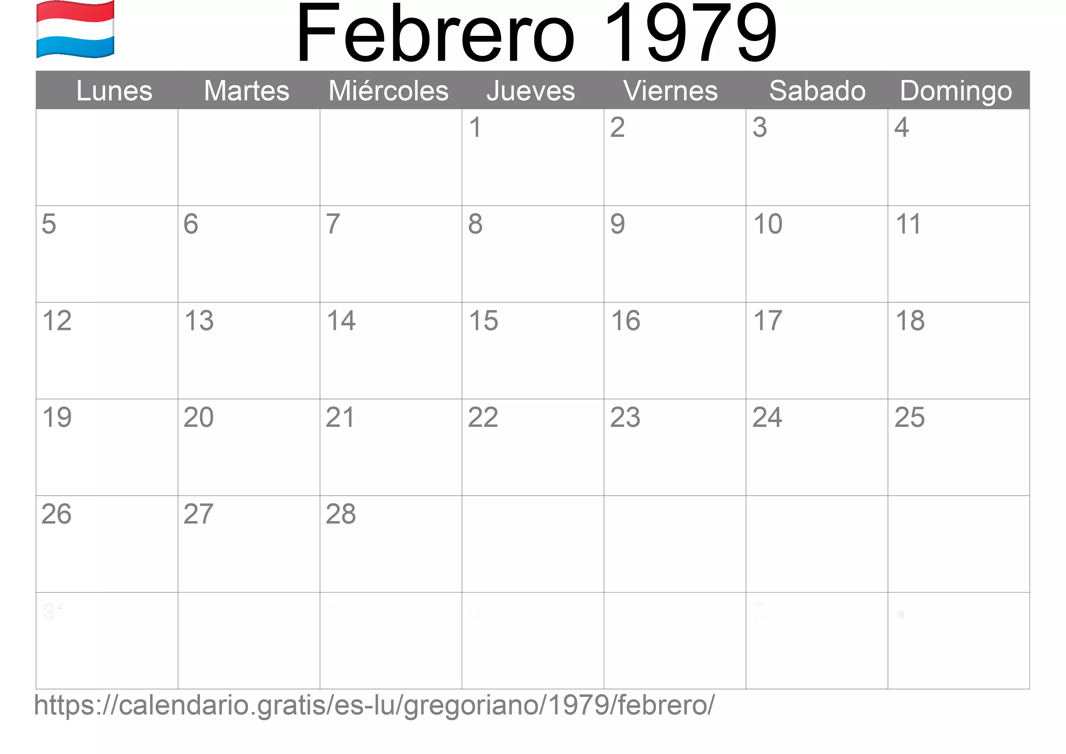 Calendario Febrero 1979 para imprimir (Luxemburgo)