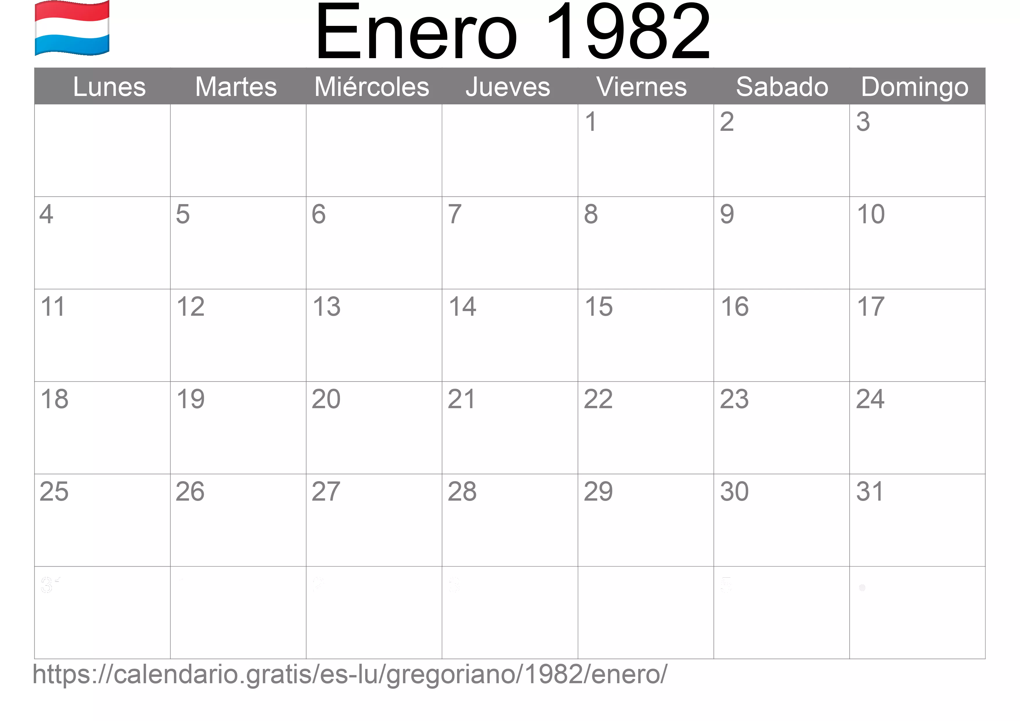 Calendario Enero 1982 para imprimir (Luxemburgo)