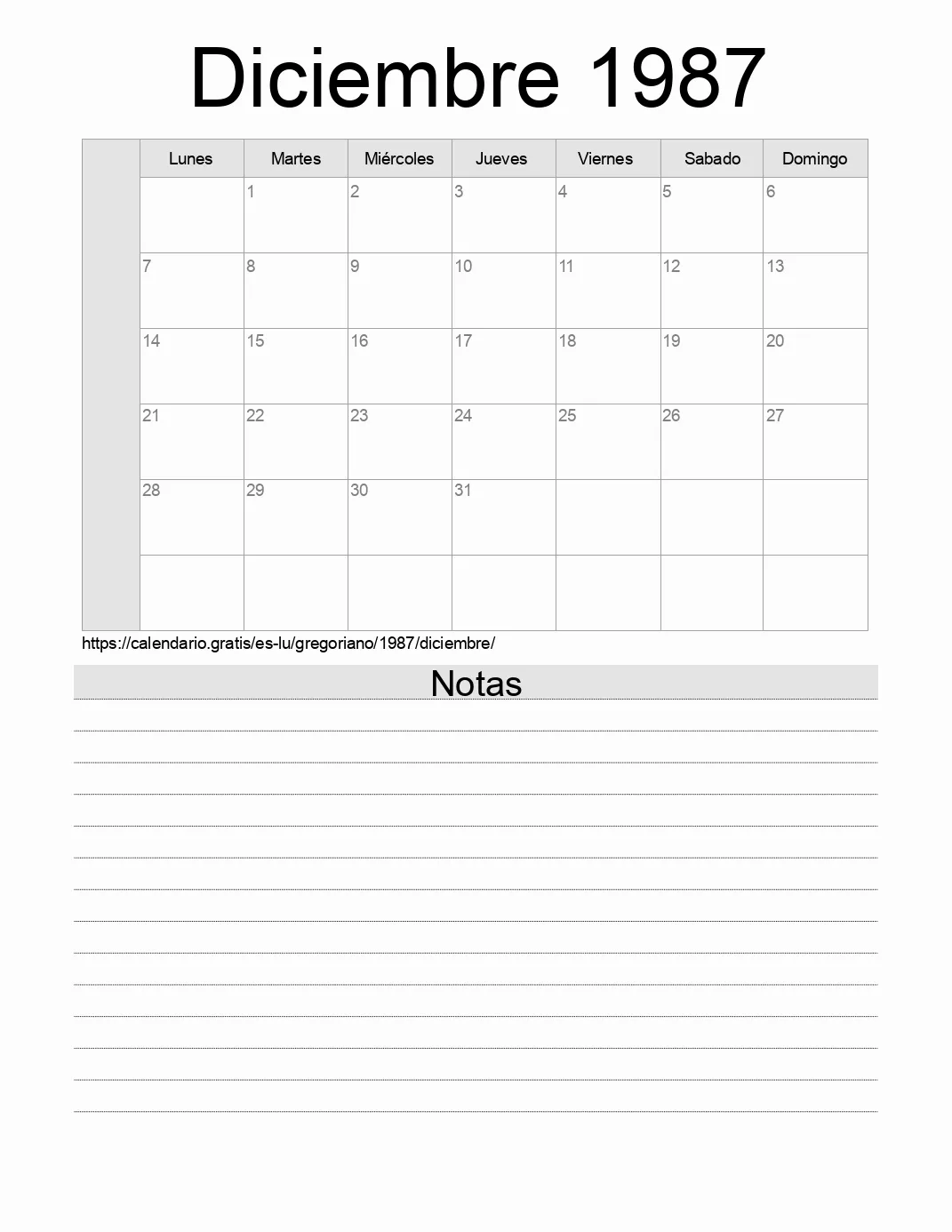 Calendario Diciembre 1987 para imprimir con notas. (Luxemburgo)
