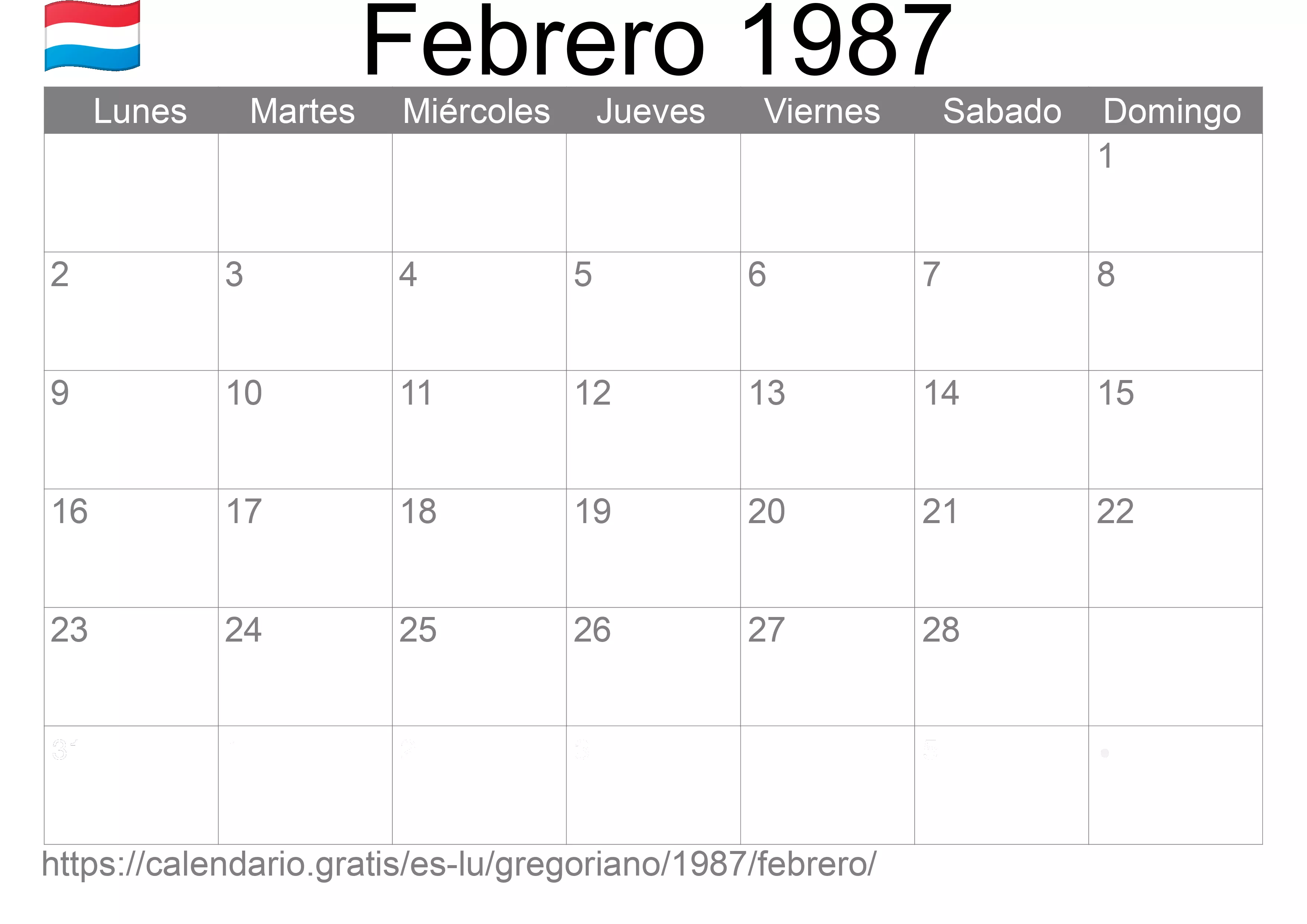 Calendario Febrero 1987 para imprimir (Luxemburgo)