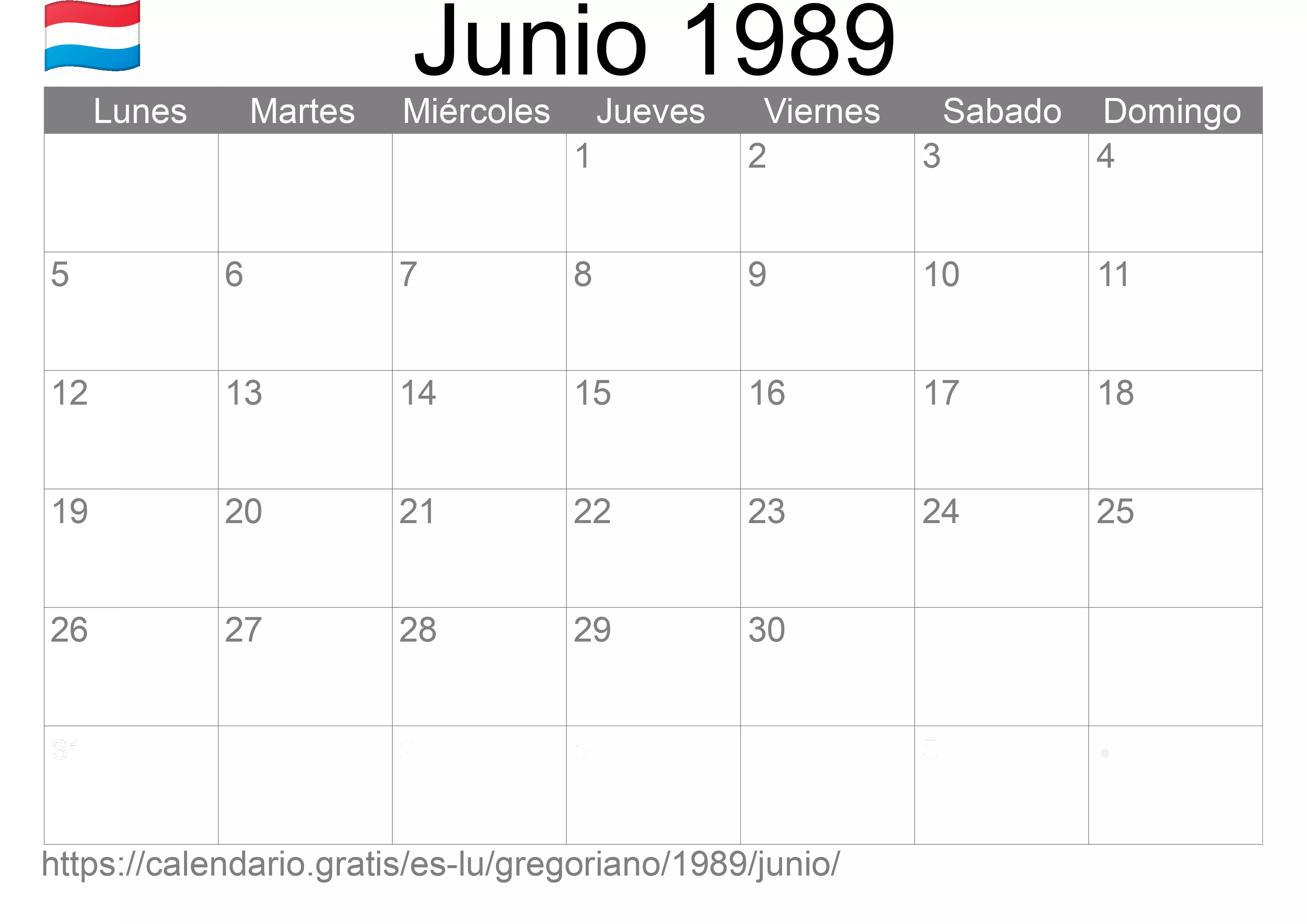 Calendario Junio 1989 para imprimir (Luxemburgo) Calendario Junio 1989 para imprimir (Luxemburgo)