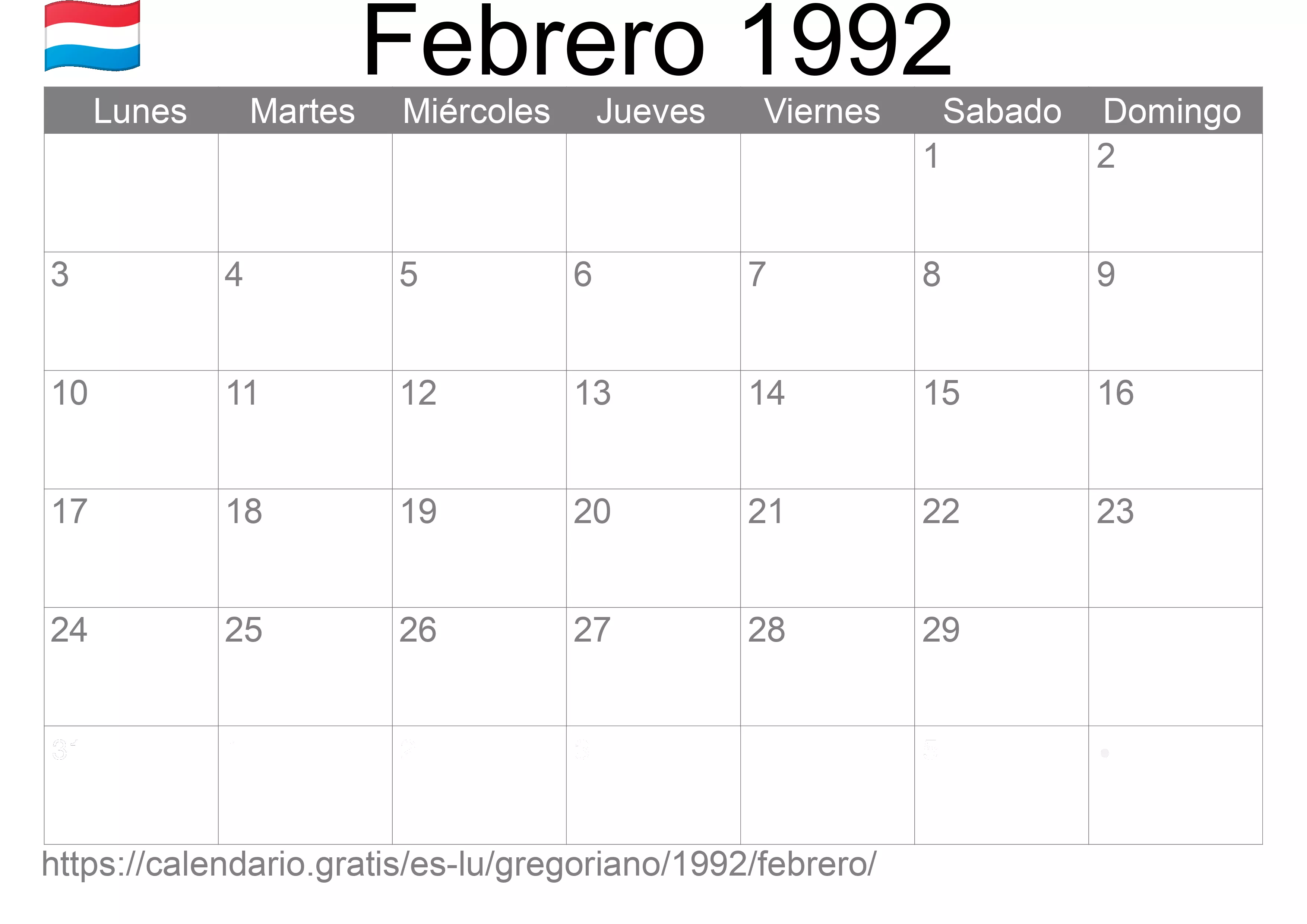 Calendario Febrero 1992 para imprimir (Luxemburgo)