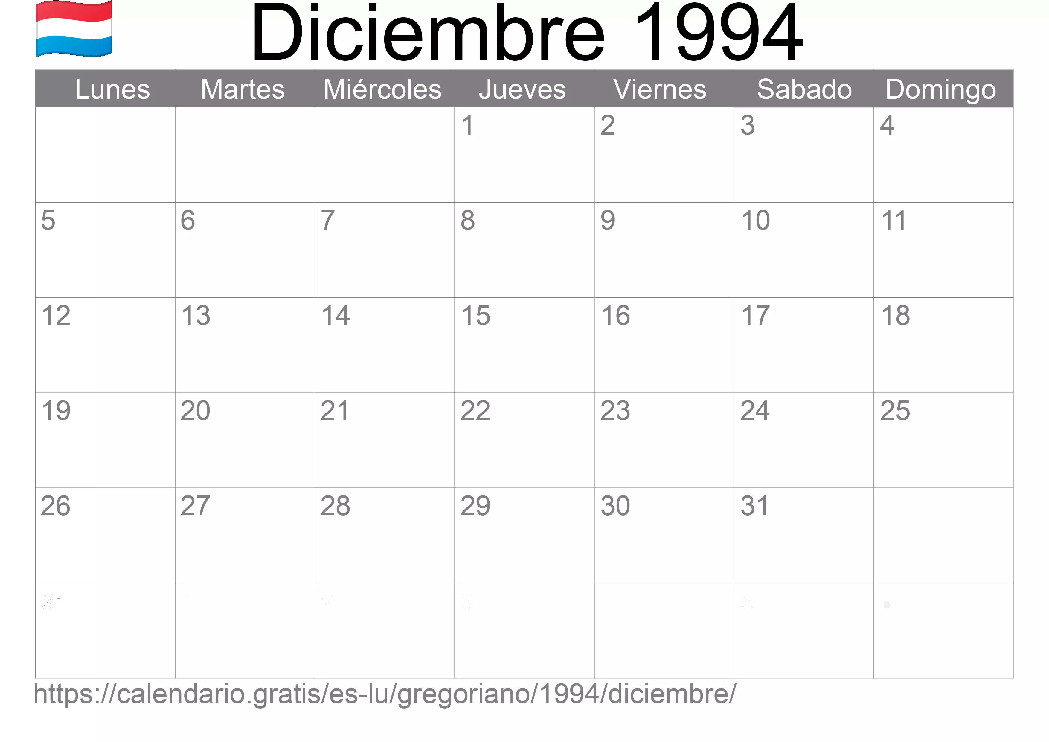 Calendario Diciembre 1994 para imprimir (Luxemburgo)