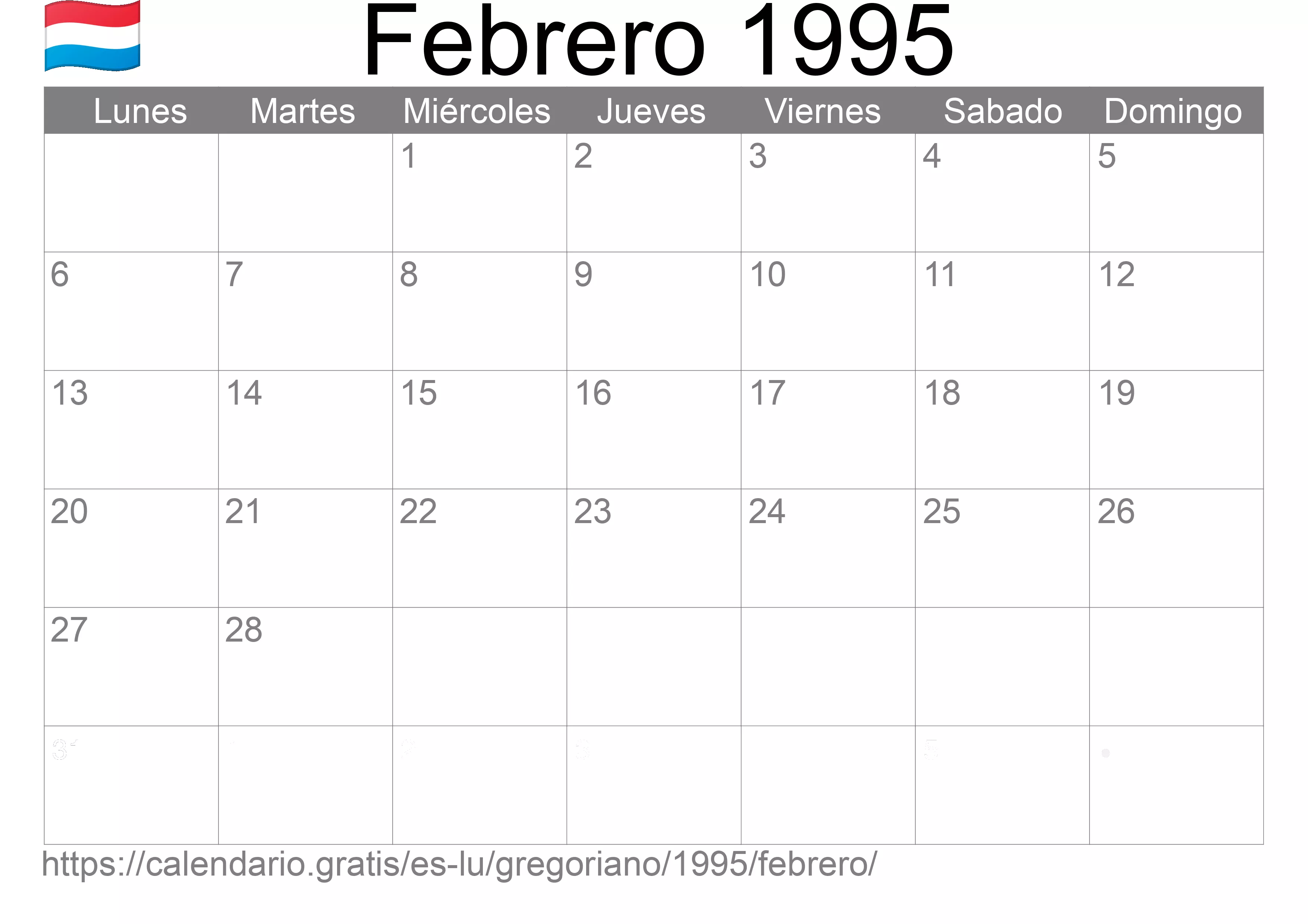 Calendario Febrero 1995 para imprimir (Luxemburgo)
