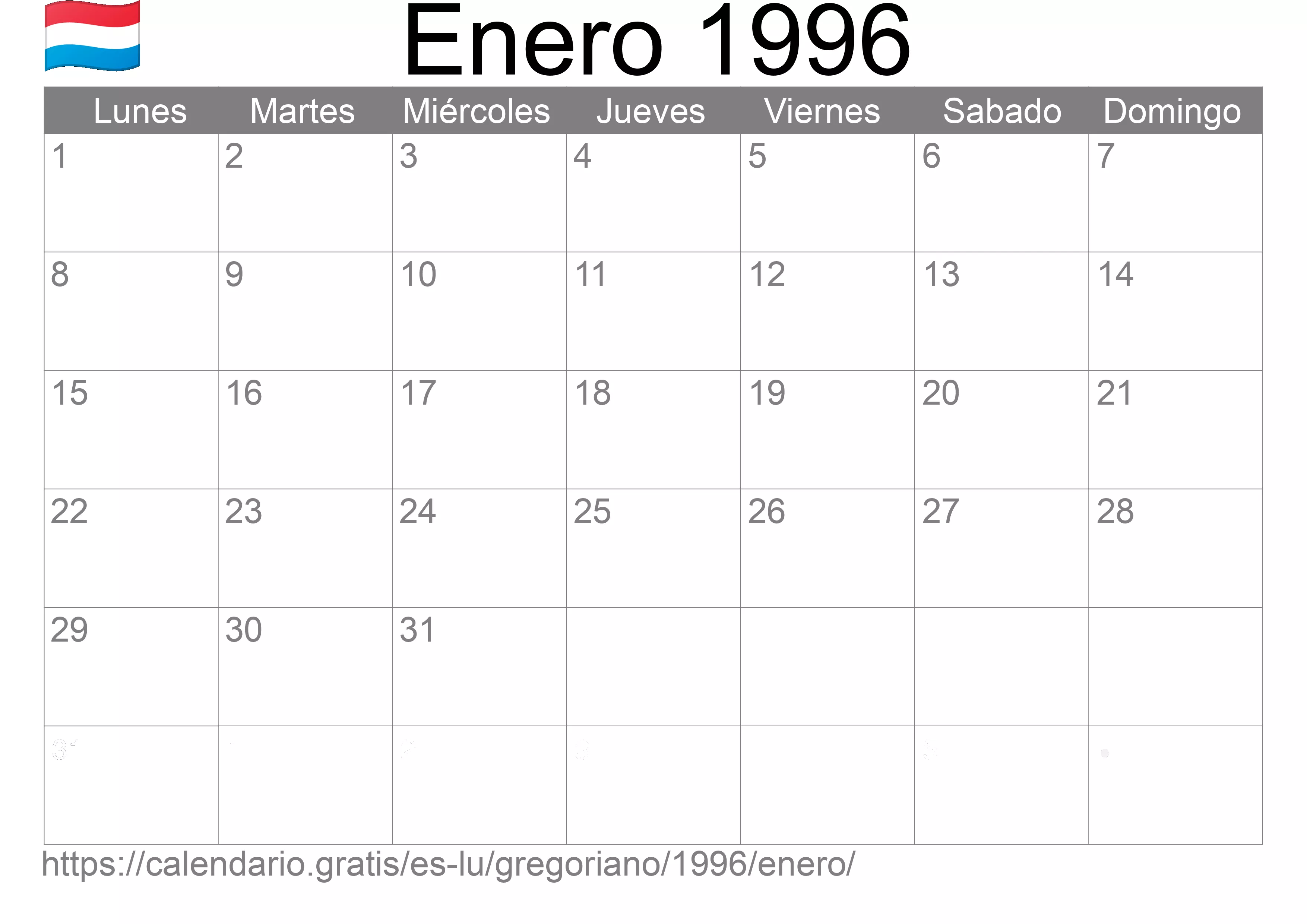 Calendario Enero 1996 para imprimir (Luxemburgo)