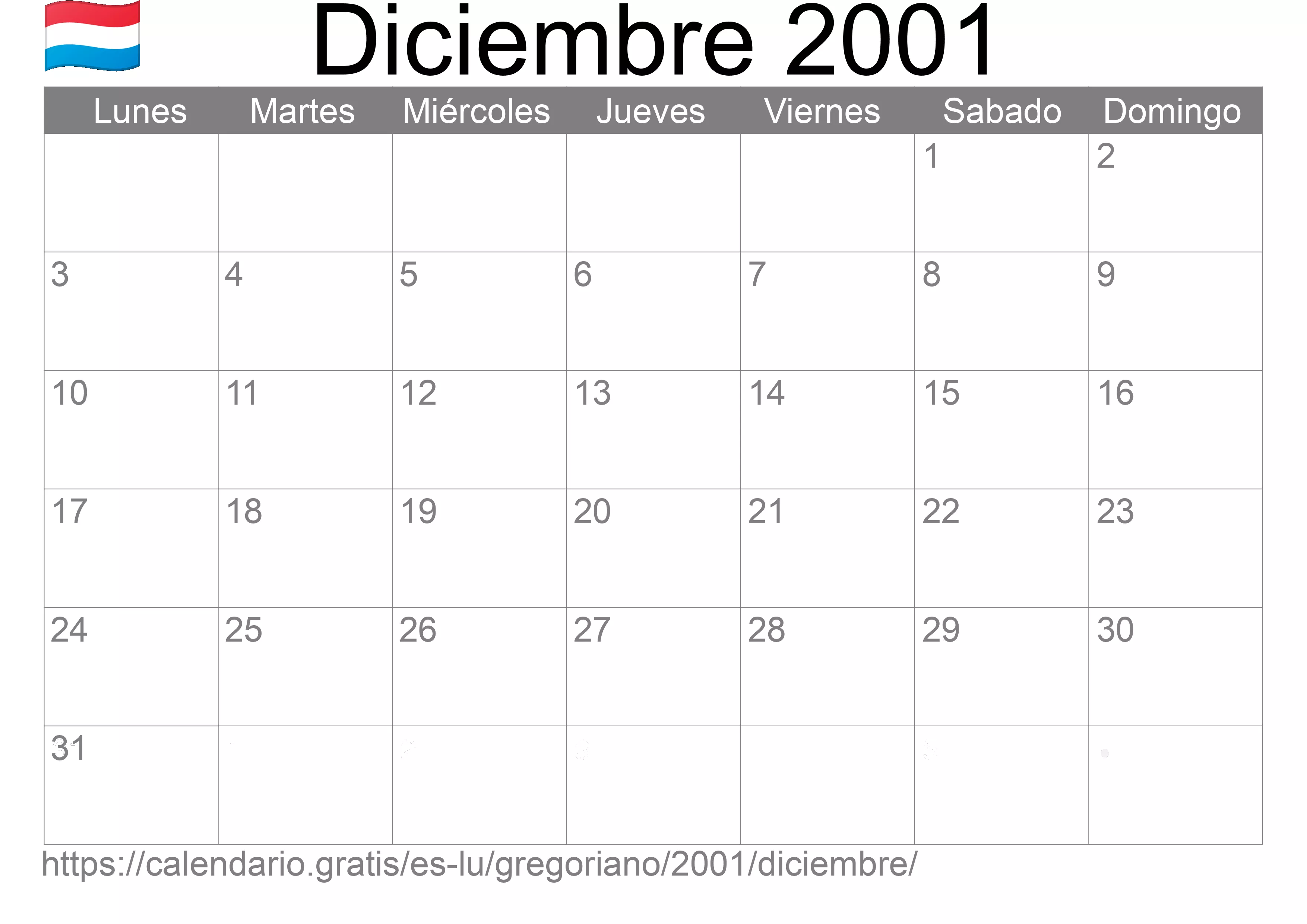 Calendario Diciembre 2001 para imprimir (Luxemburgo)