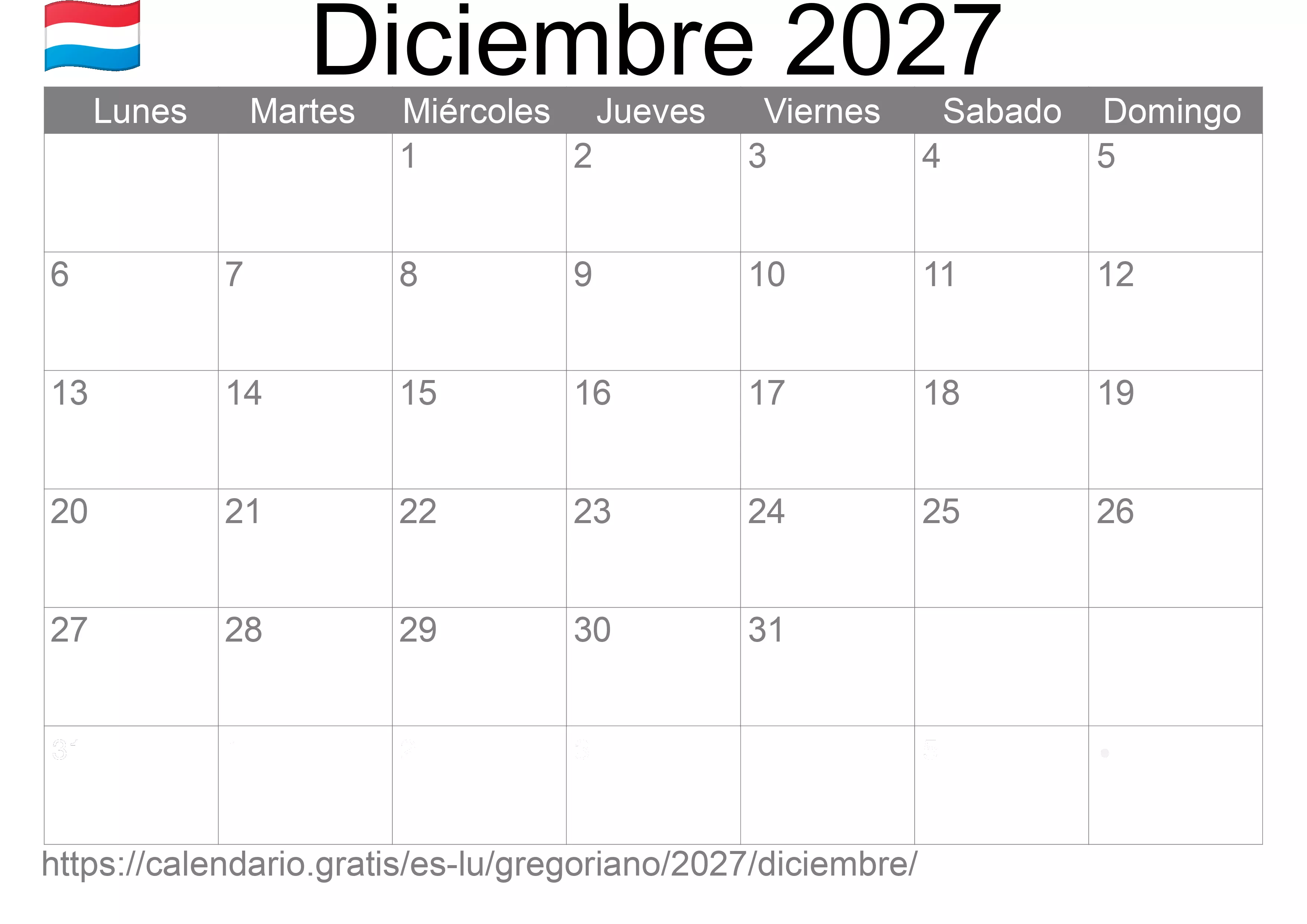Calendario Diciembre 2027 para imprimir (Luxemburgo)