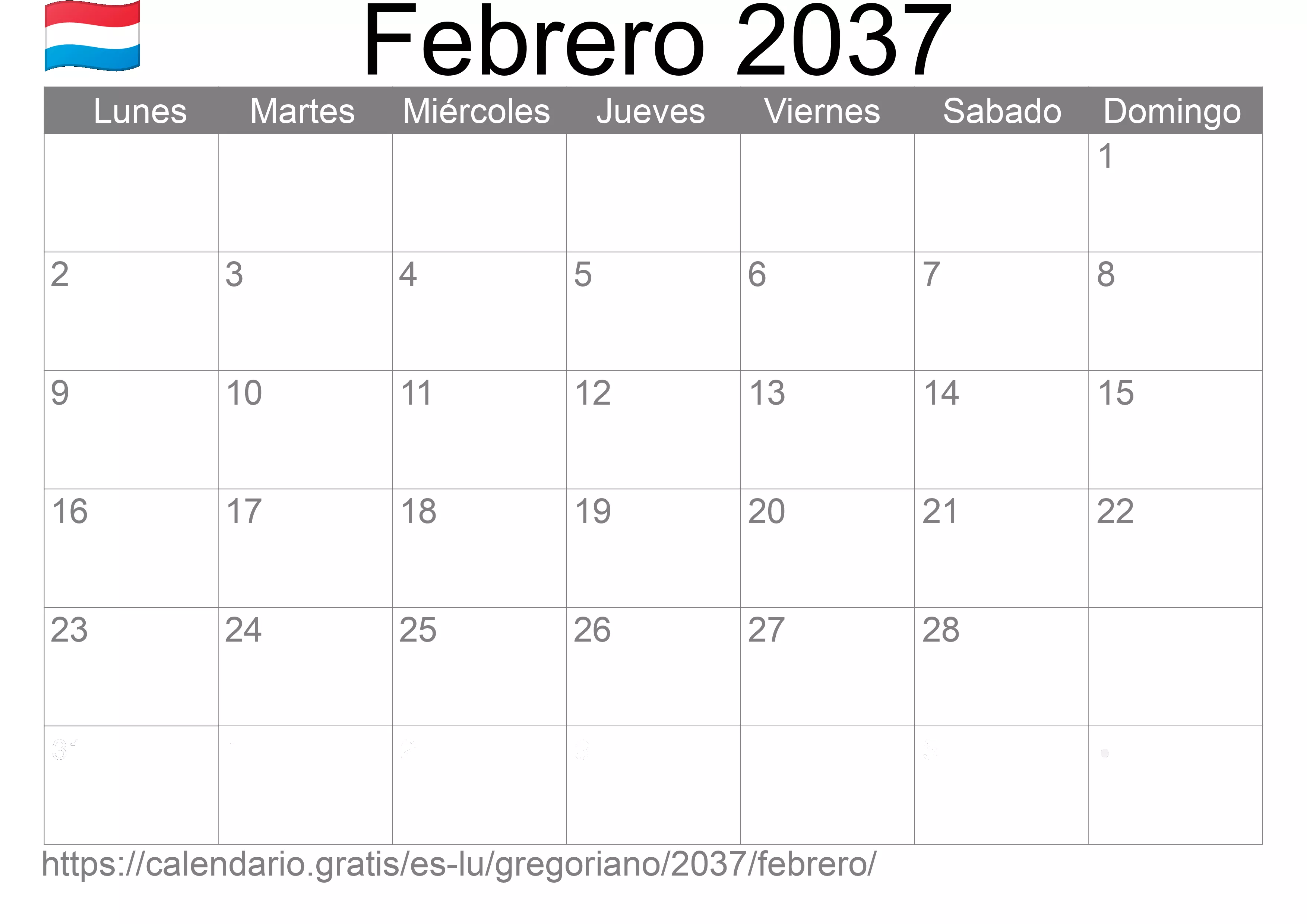 Calendario Febrero 2037 para imprimir (Luxemburgo)