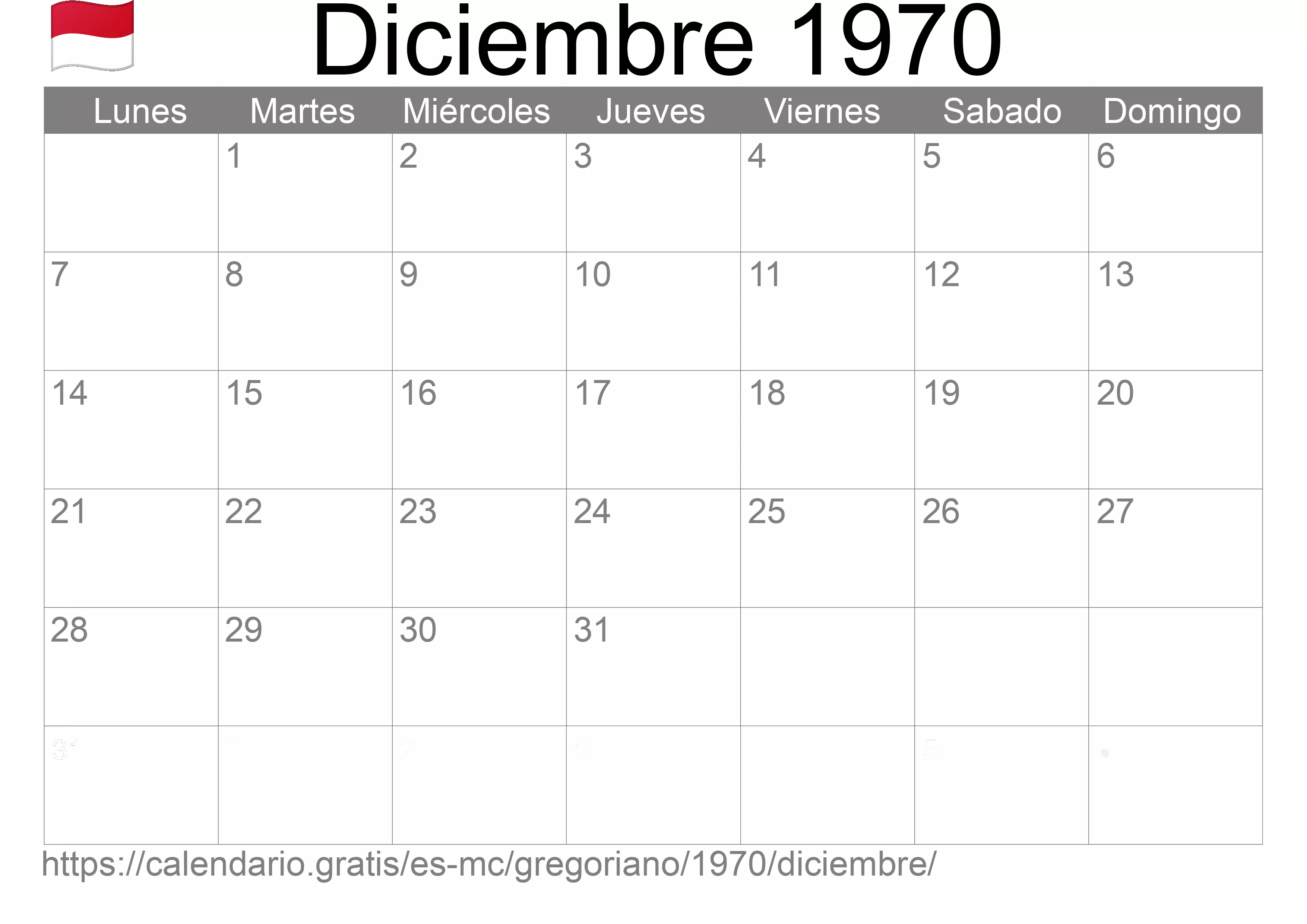 Calendario Diciembre 1970 para imprimir (Mónaco)