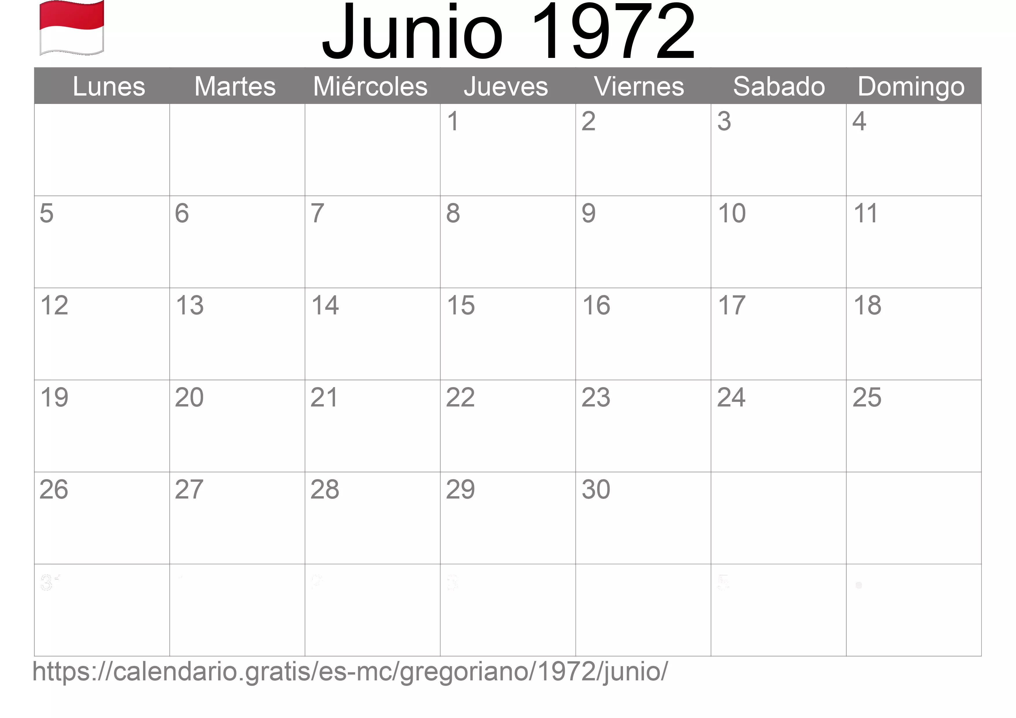 Calendario Junio 1972 para imprimir (Mónaco) Calendario Junio 1972 para imprimir (Mónaco)