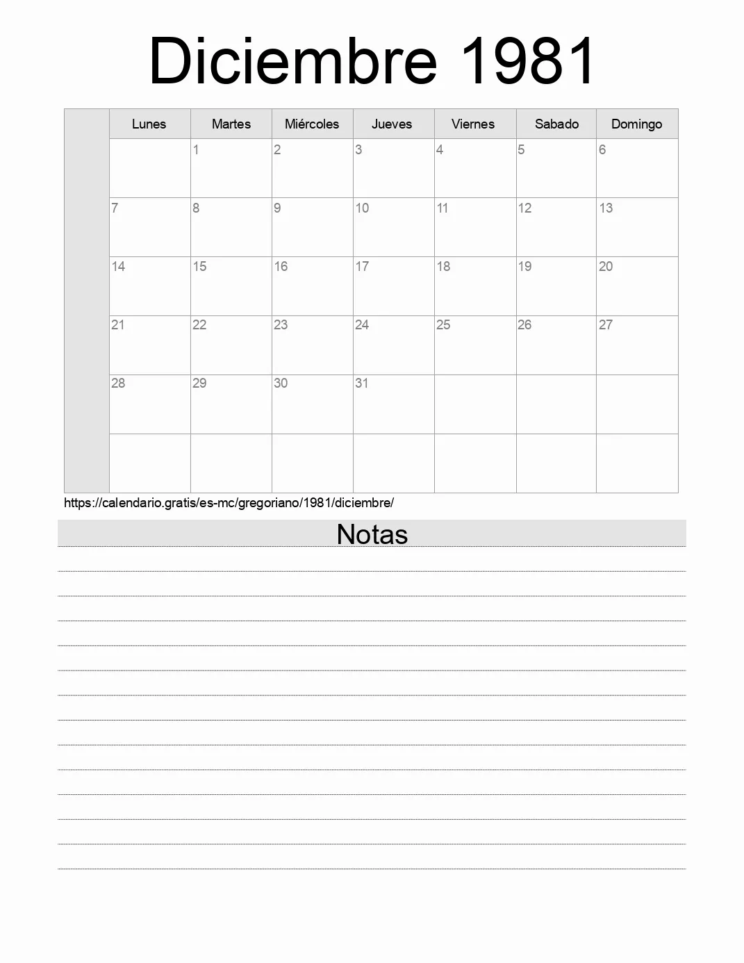 Calendario Diciembre 1981 para imprimir con notas. (Mónaco)