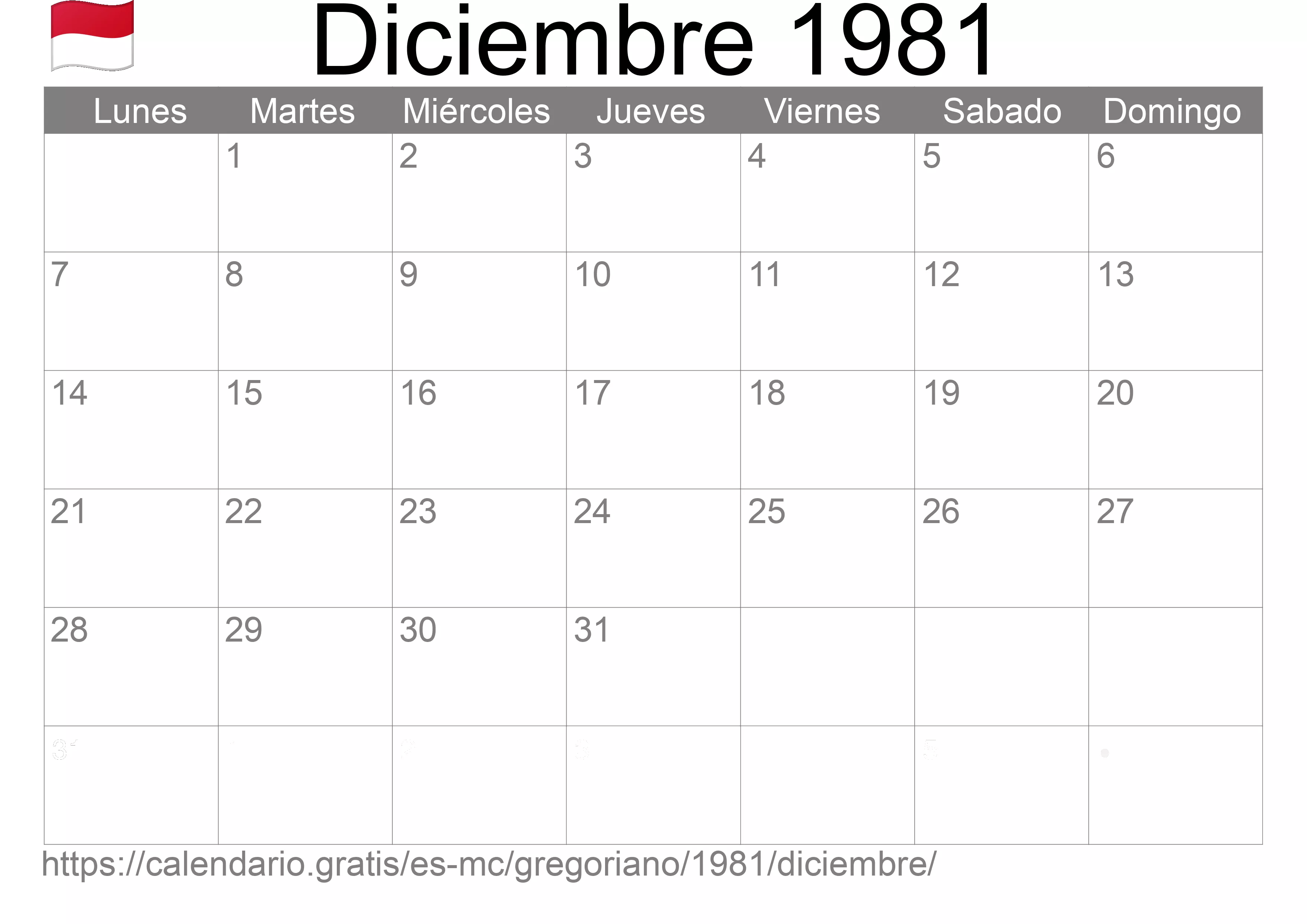 Calendario Diciembre 1981 para imprimir (Mónaco)