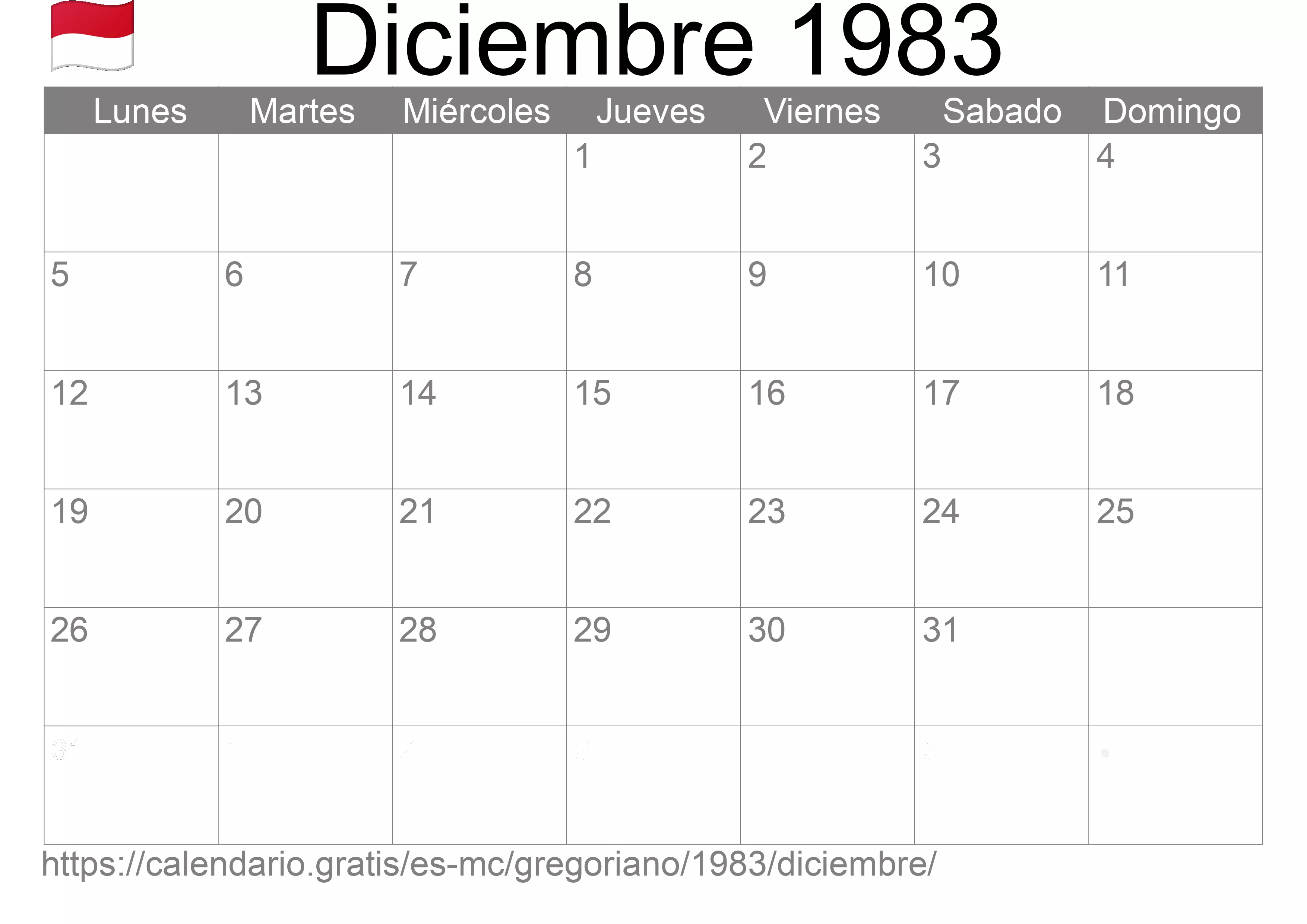 Calendario Diciembre 1983 para imprimir (Mónaco)
