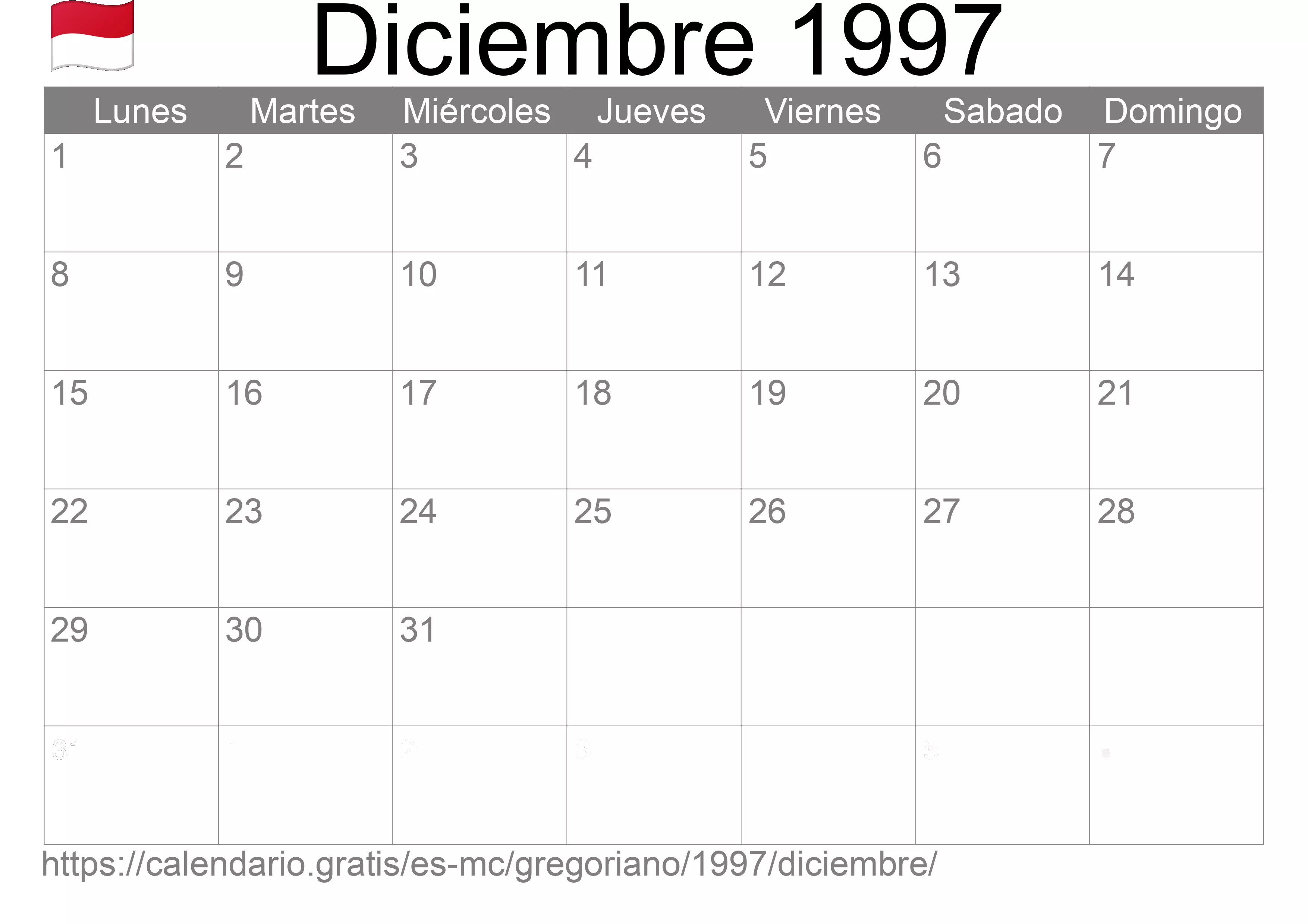 Calendario Diciembre 1997 para imprimir (Mónaco)