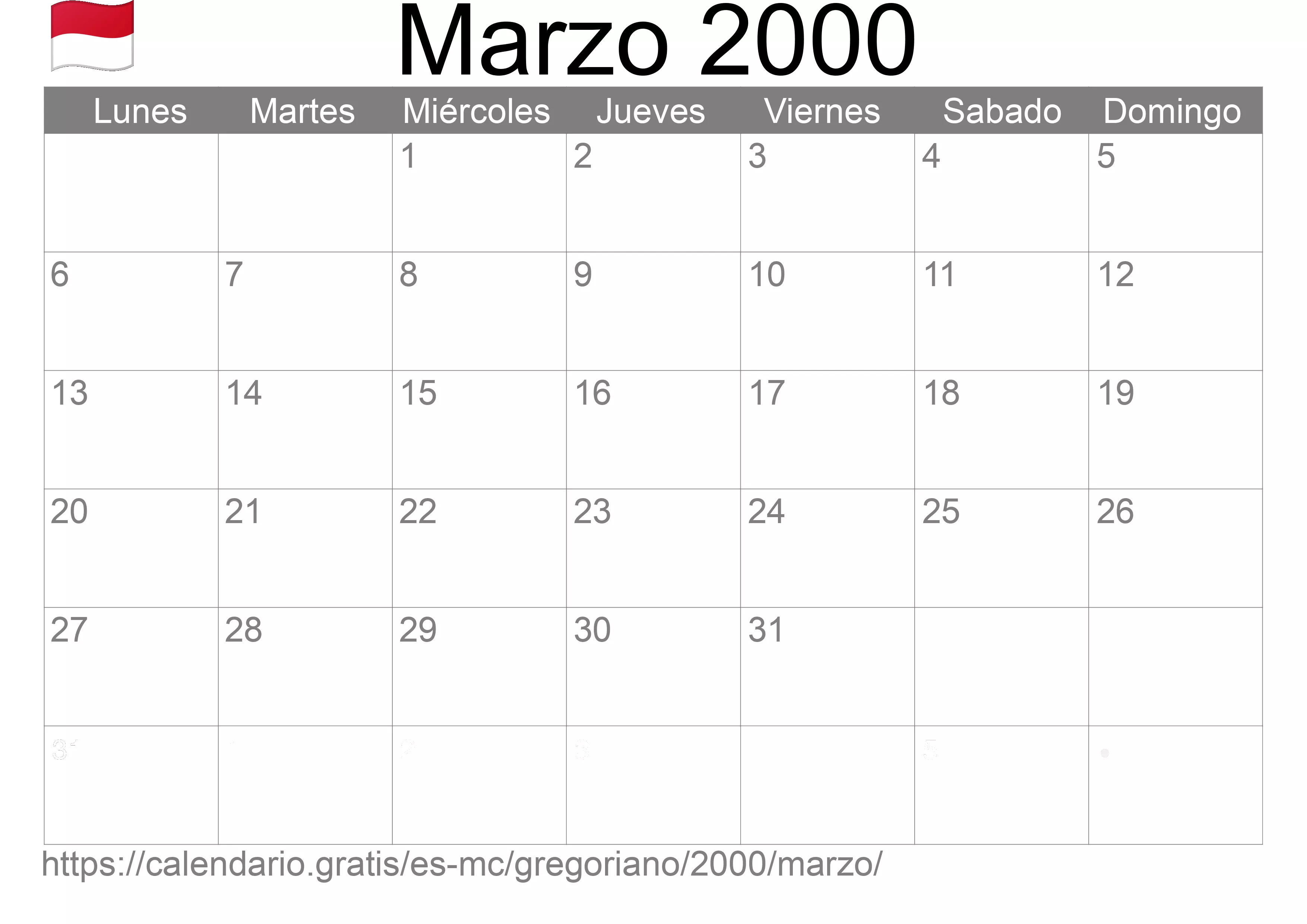 Calendario Marzo 2000 para imprimir (Mónaco)