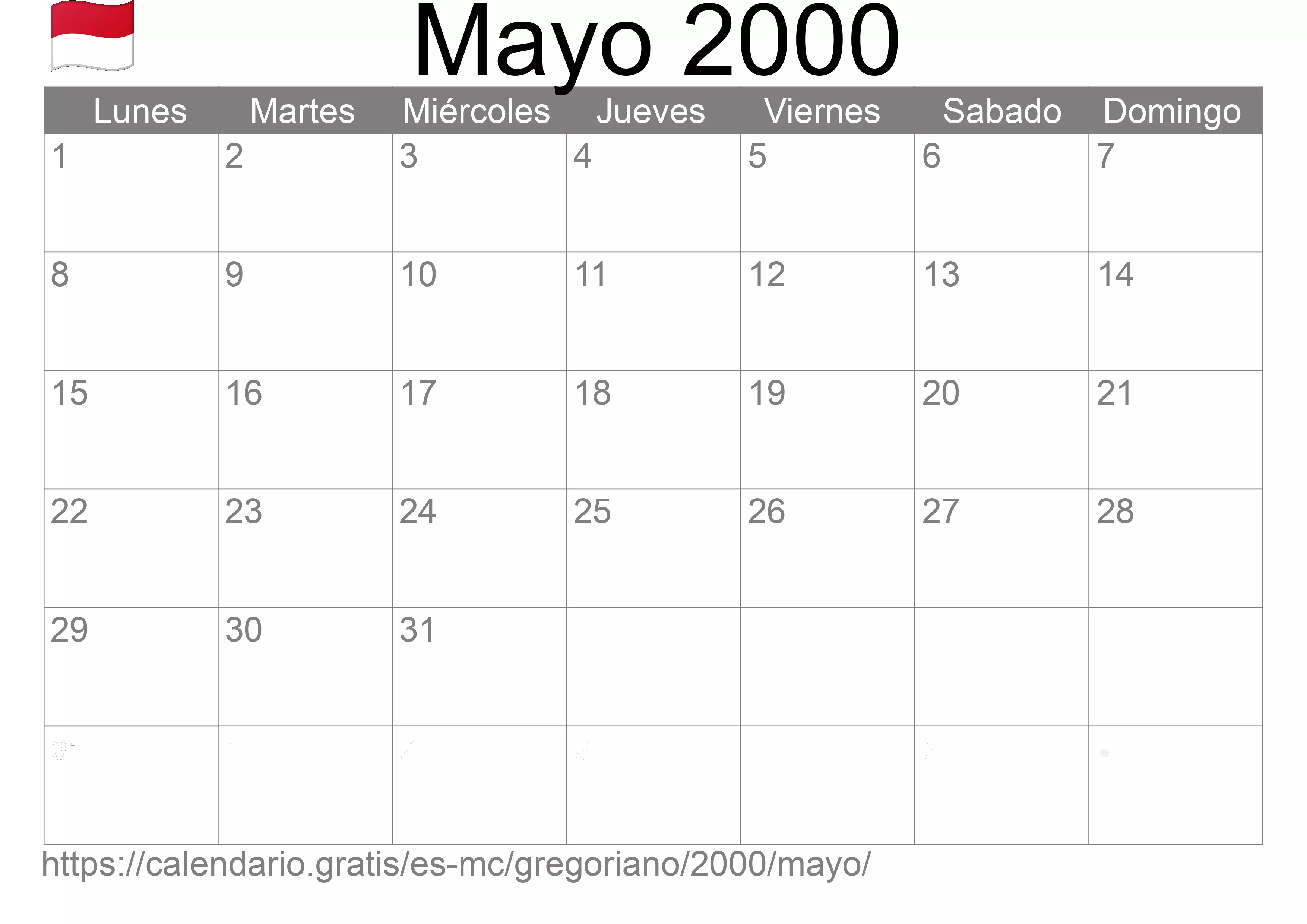 Calendario Mayo 2000 para imprimir (Mónaco)