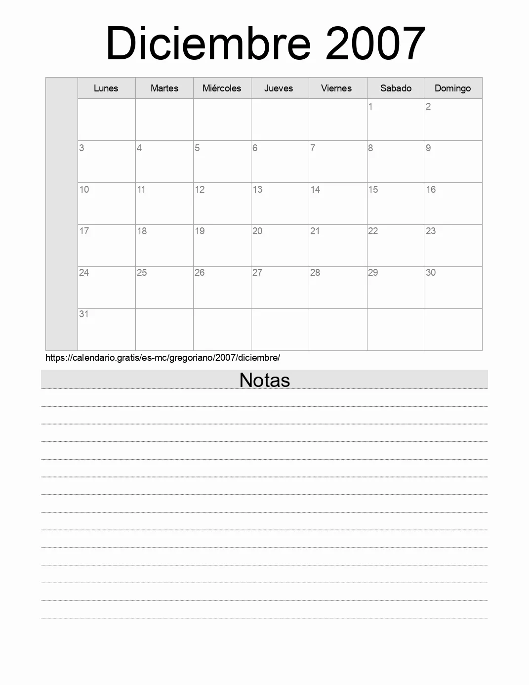 Calendario Diciembre 2007 para imprimir con notas. (Mónaco)