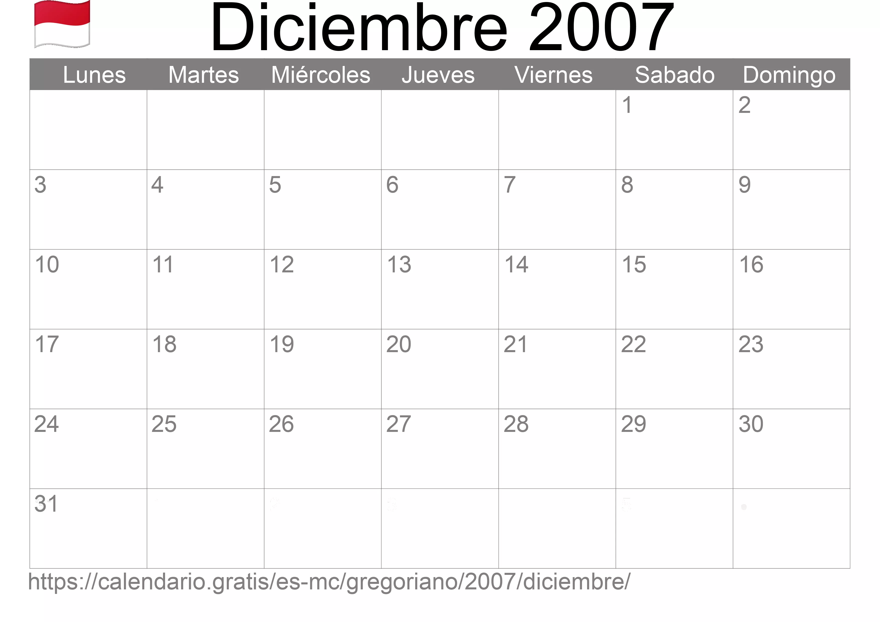Calendario Diciembre 2007 para imprimir (Mónaco)