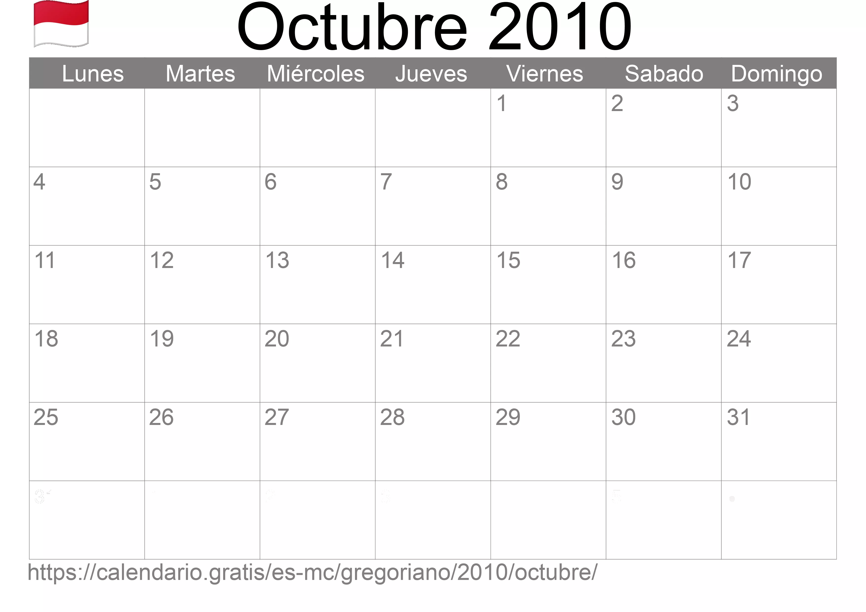 Calendario Octubre 2010 para imprimir (Mónaco)