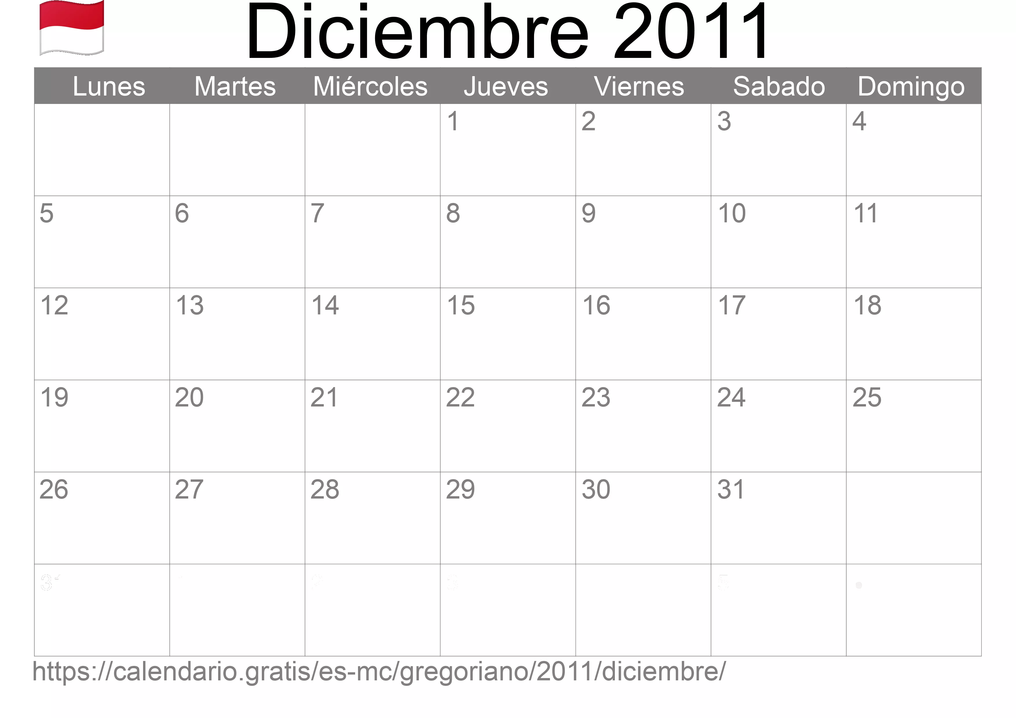 Calendario Diciembre 2011 para imprimir (Mónaco)